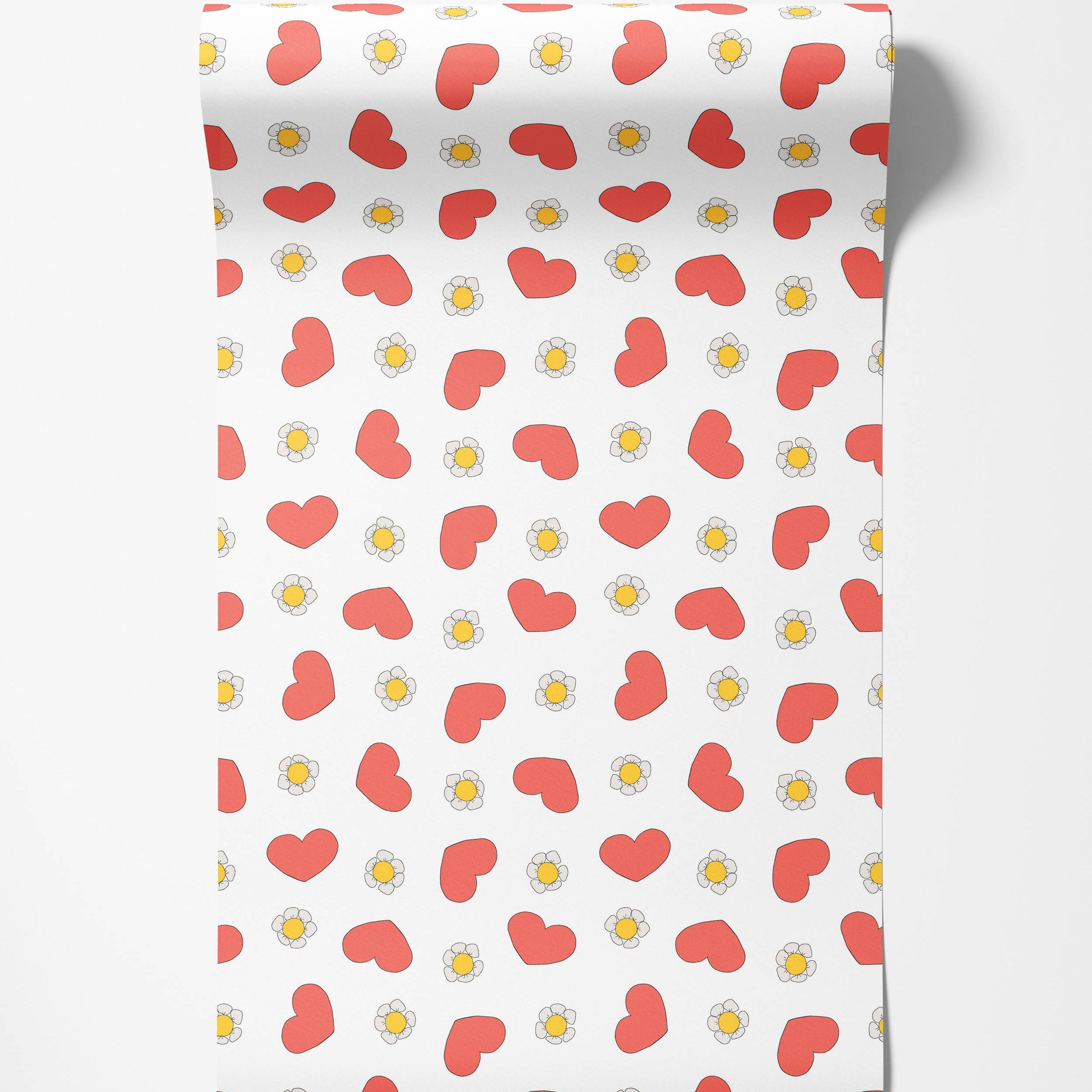 A cute wallpaper featuring a pattern of illustrated red hearts and simple white daisies with yellow centers.