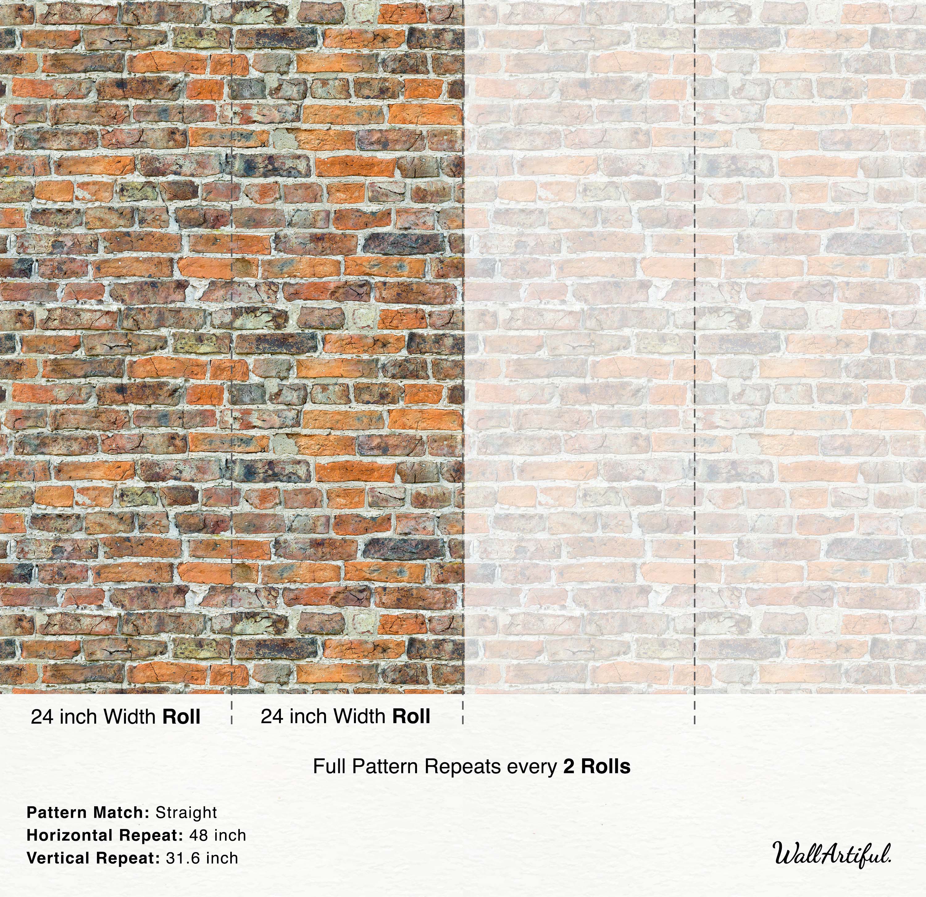 Weathered brick wallpaper design showcasing a realistic pattern of red, orange, and brown bricks with light grey mortar.