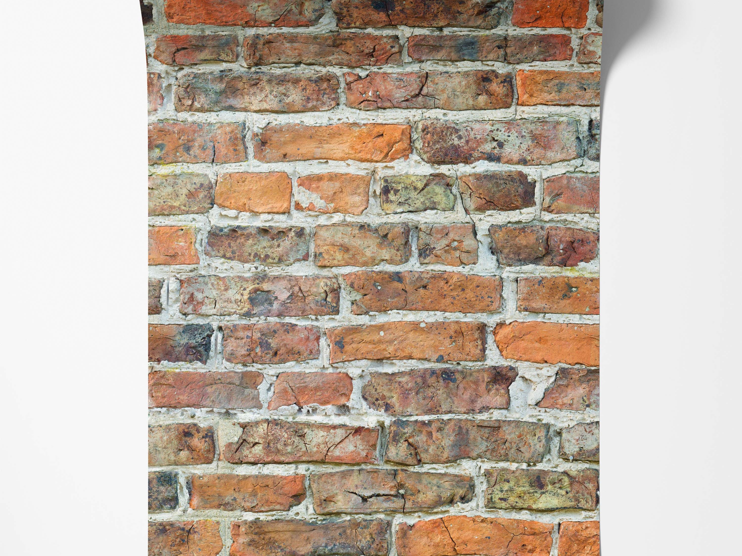 Weathered brick wallpaper featuring a realistic pattern of red, orange, and brown bricks with light mortar.