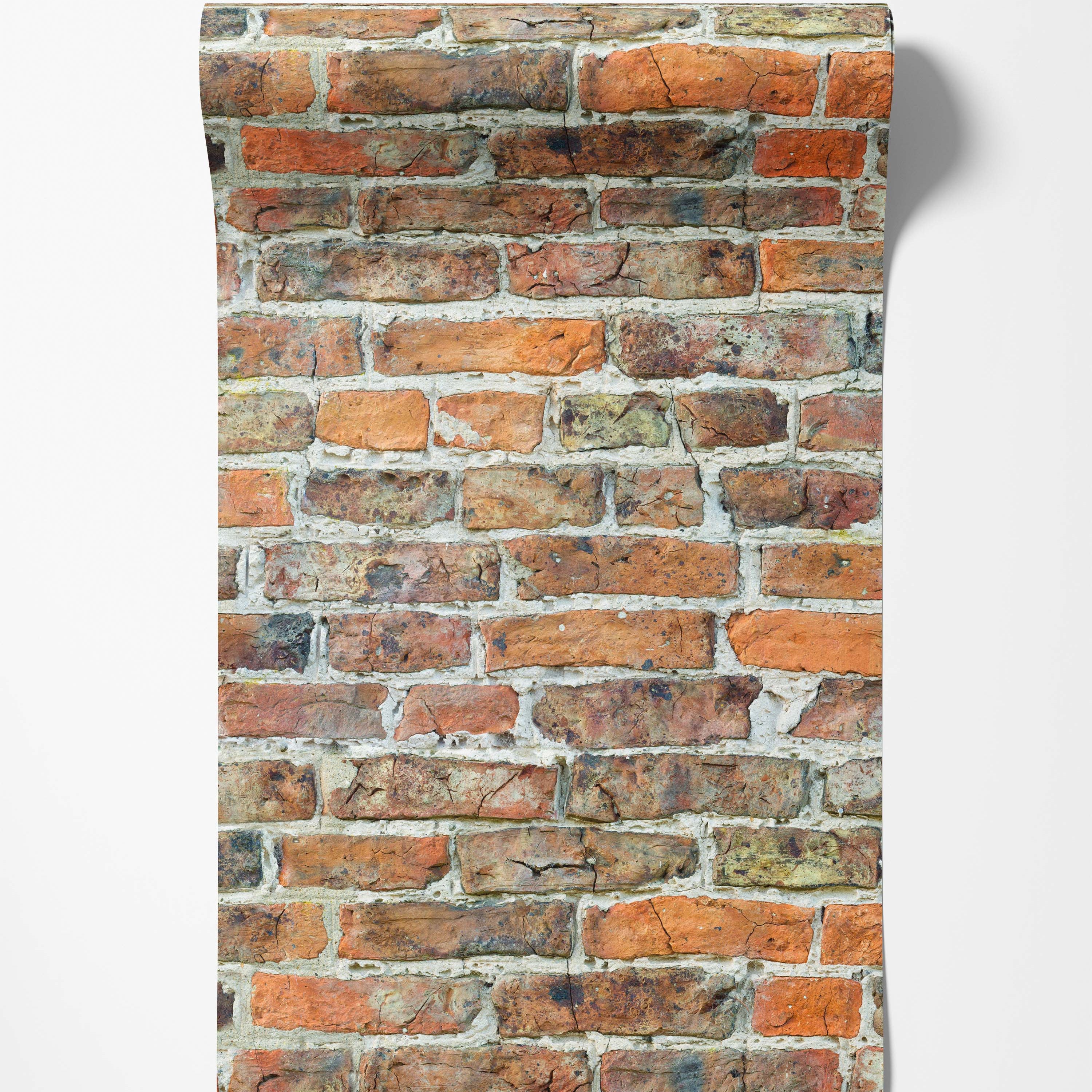 Weathered brick wallpaper featuring a realistic pattern of red, orange, and brown bricks with light mortar.