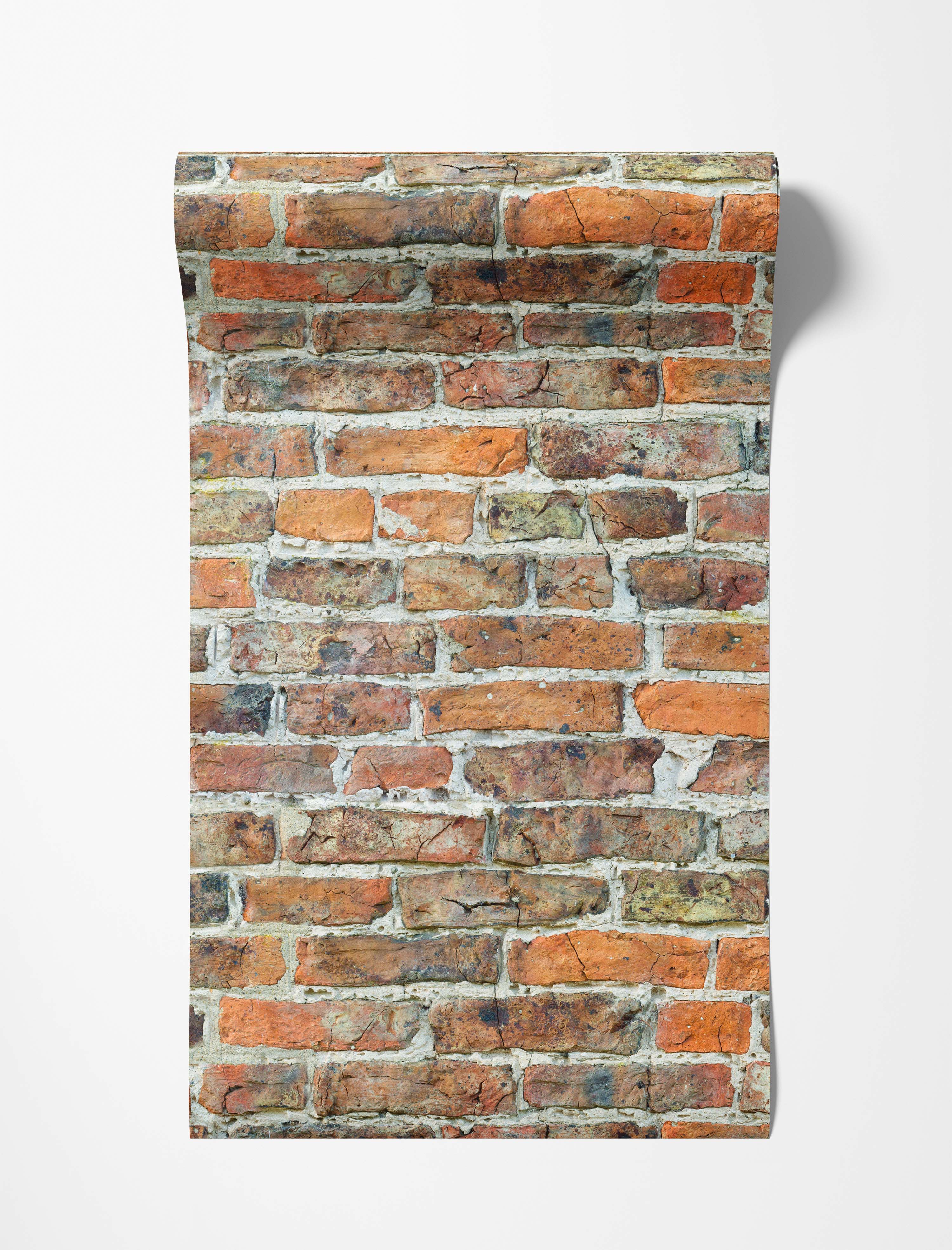 Weathered brick wallpaper featuring a realistic pattern of red, orange, and brown bricks with light mortar.