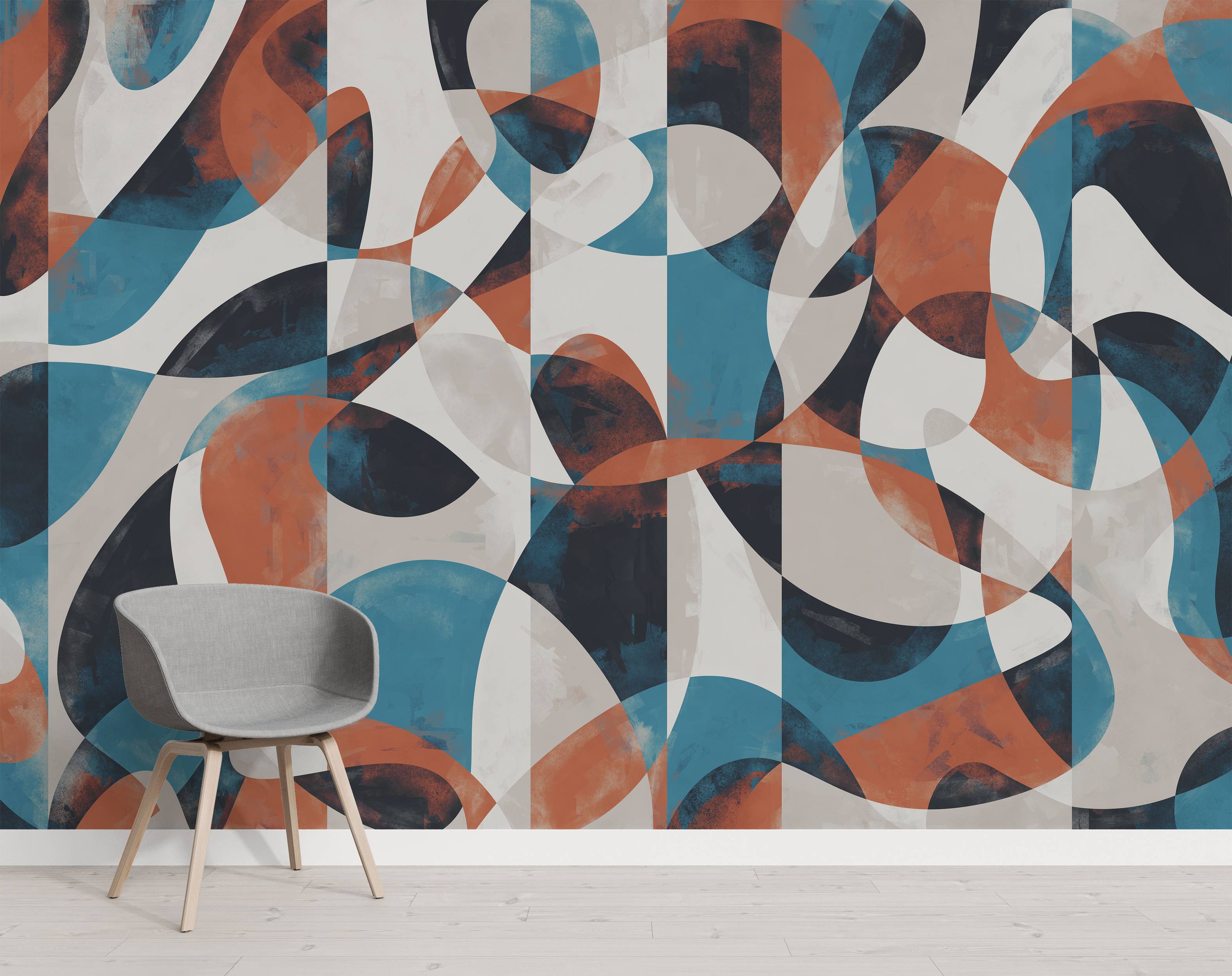 Retro-style abstract wallpaper with textured, overlapping shapes in blue, orange, dark gray, and pale gray.