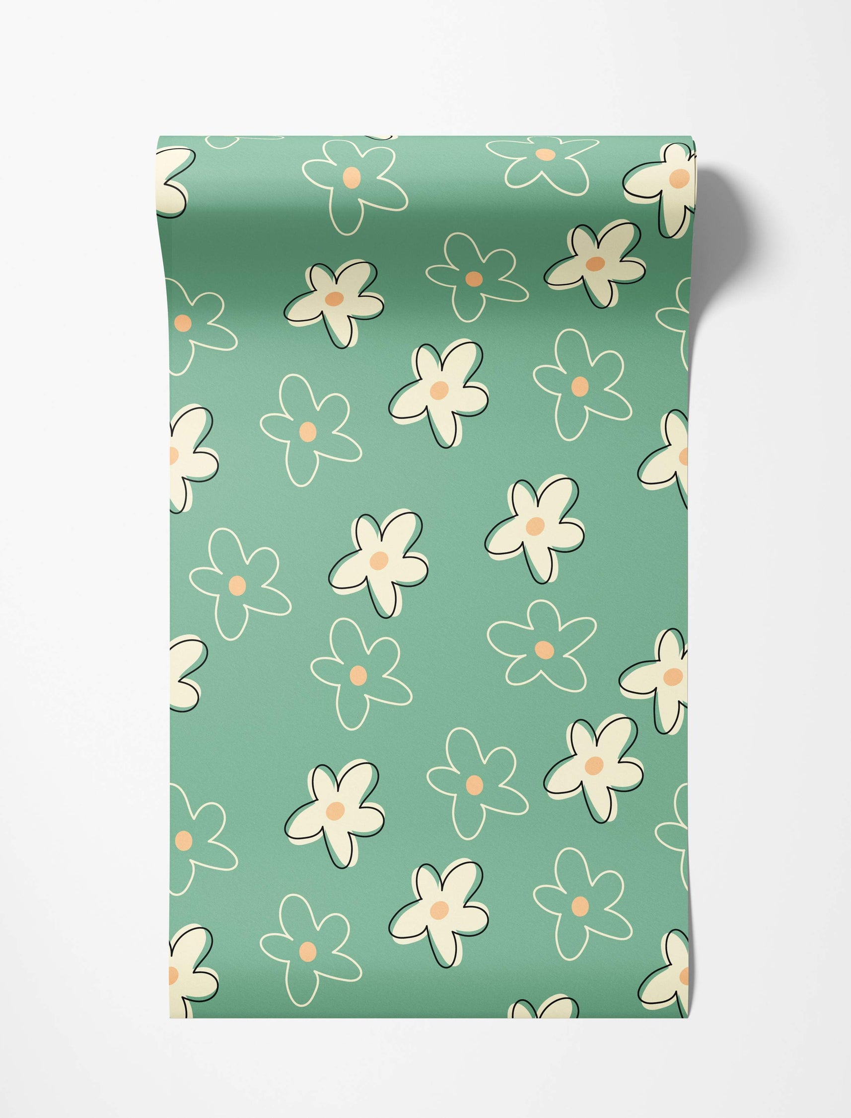 Retro floral wallpaper with scattered, stylized daisies in white outline or cream fill with orange centers on a muted green background.