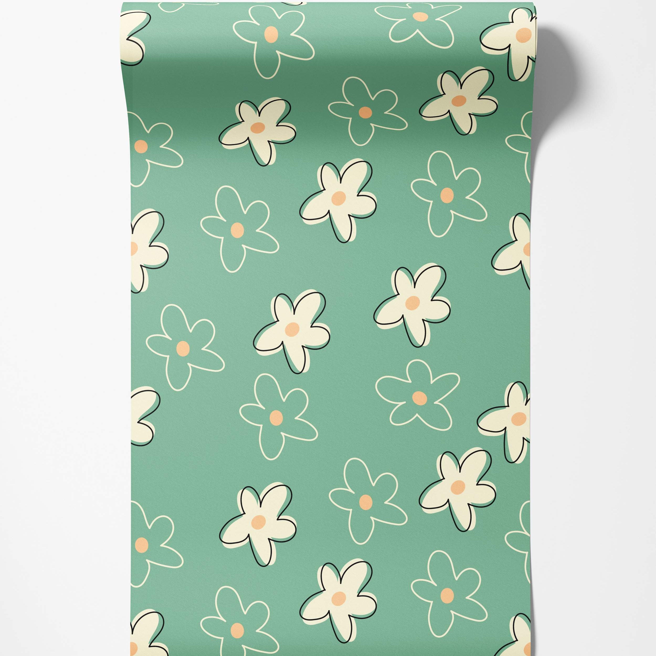 Retro floral wallpaper with scattered, stylized daisies in white outline or cream fill with orange centers on a muted green background.