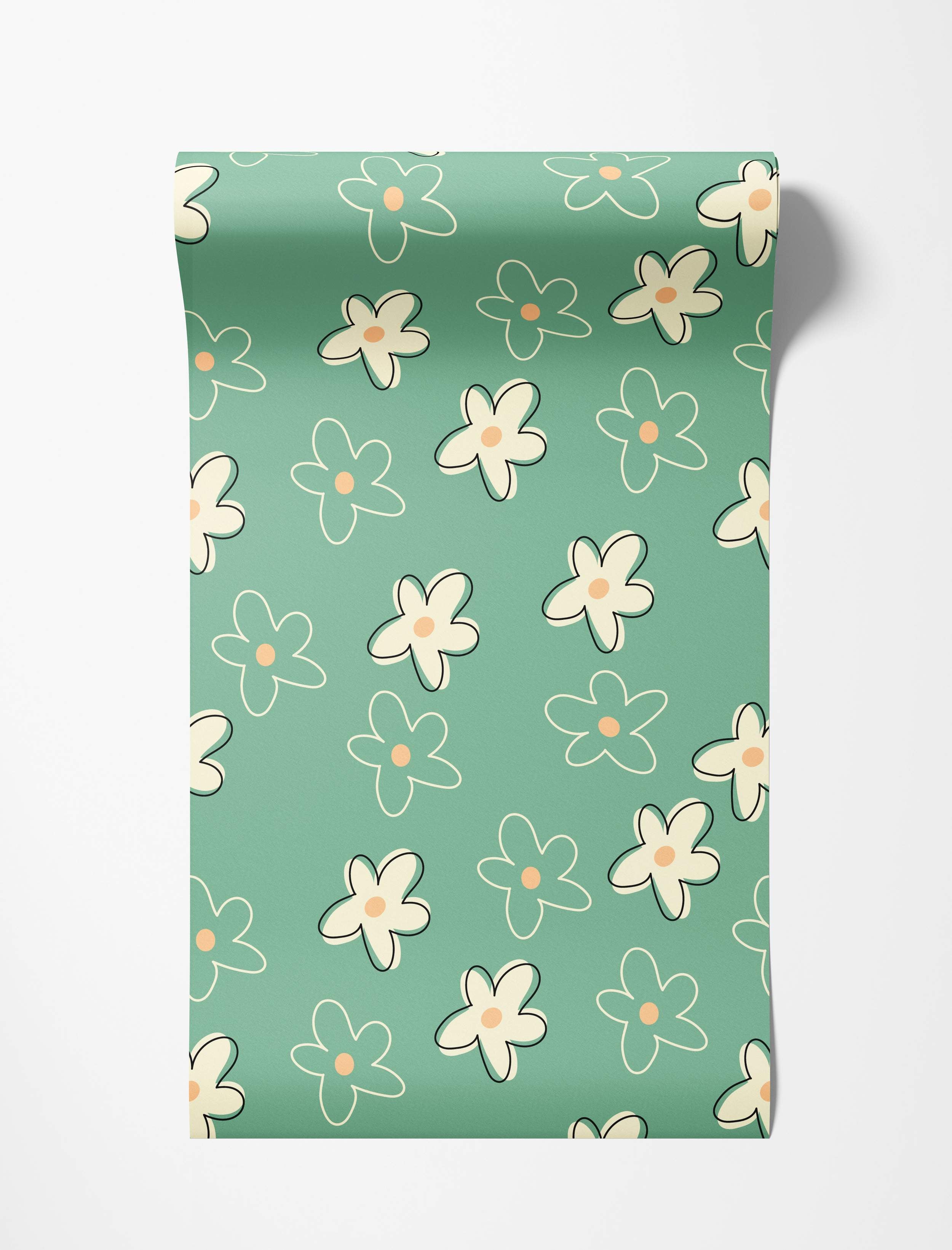 Retro floral wallpaper with scattered, stylized daisies in white outline or cream fill with orange centers on a muted green background.