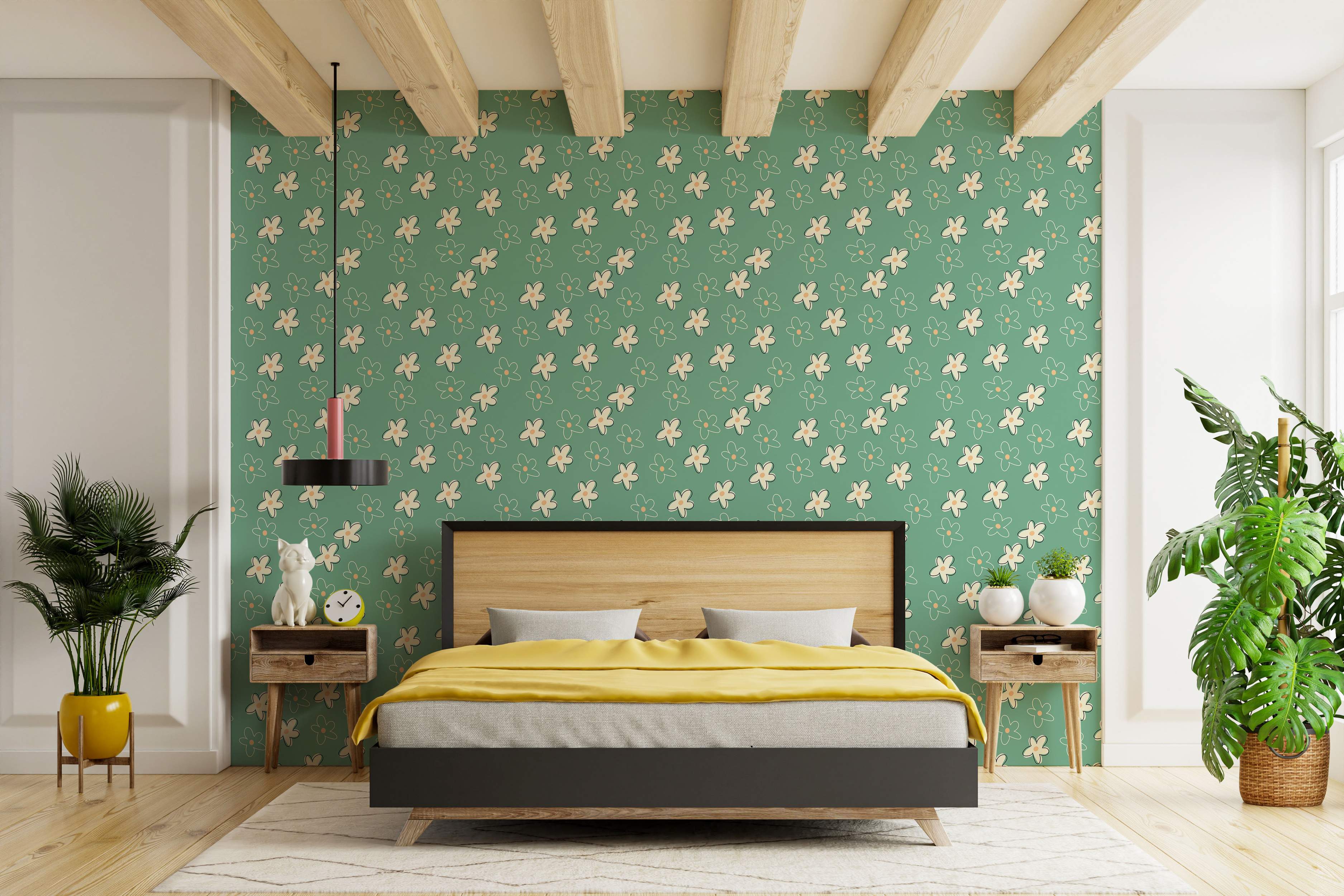 Retro wallpaper with a repeating pattern of simple, outlined cream flowers with orange centers on a green background.