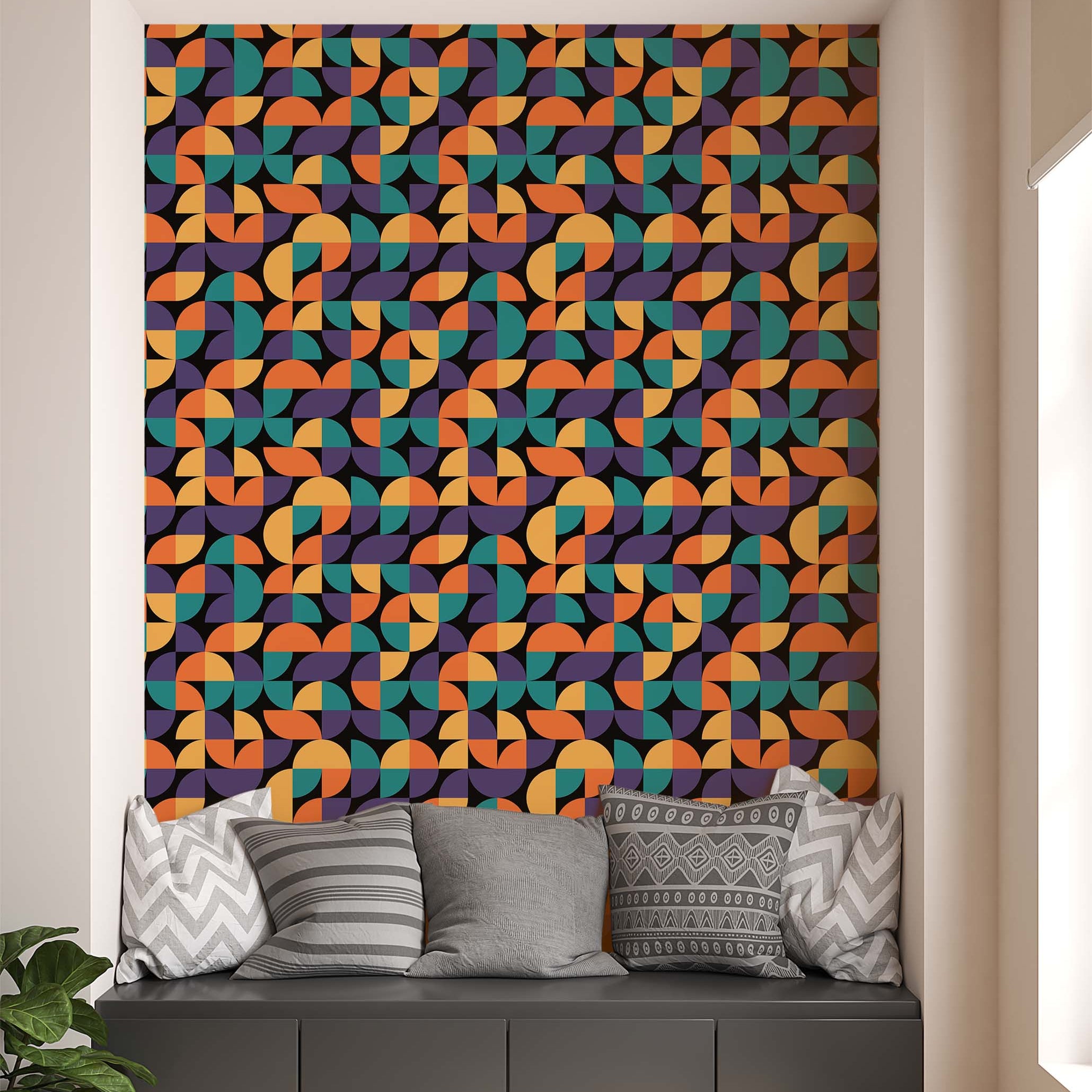 Geometric wallpaper with a pattern of orange, teal, gold, and purple quarter-circles arranged on a black background.