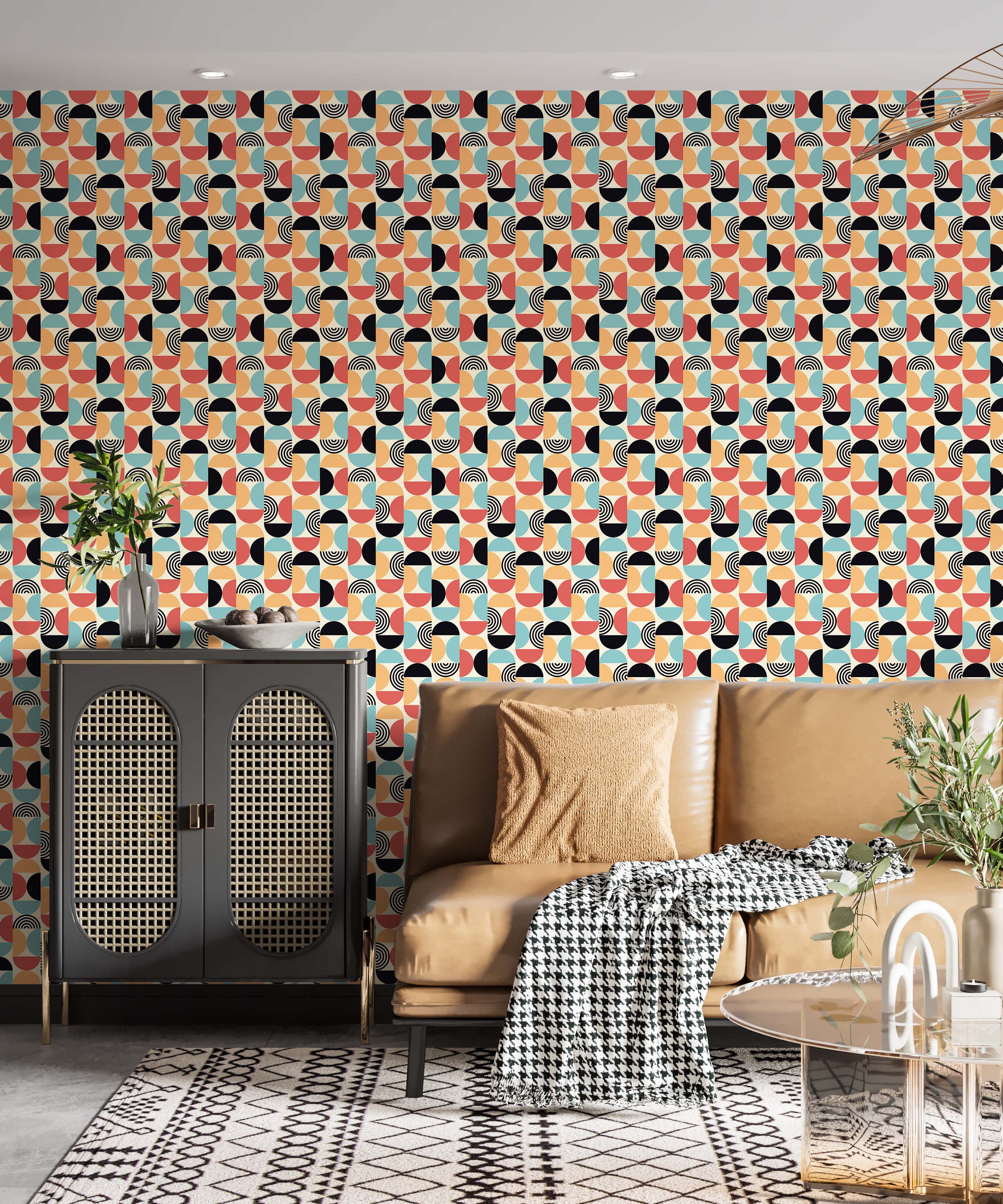 Retro geometric wallpaper with repeating segmented ovals in red-orange, light blue, orange, black, and beige.