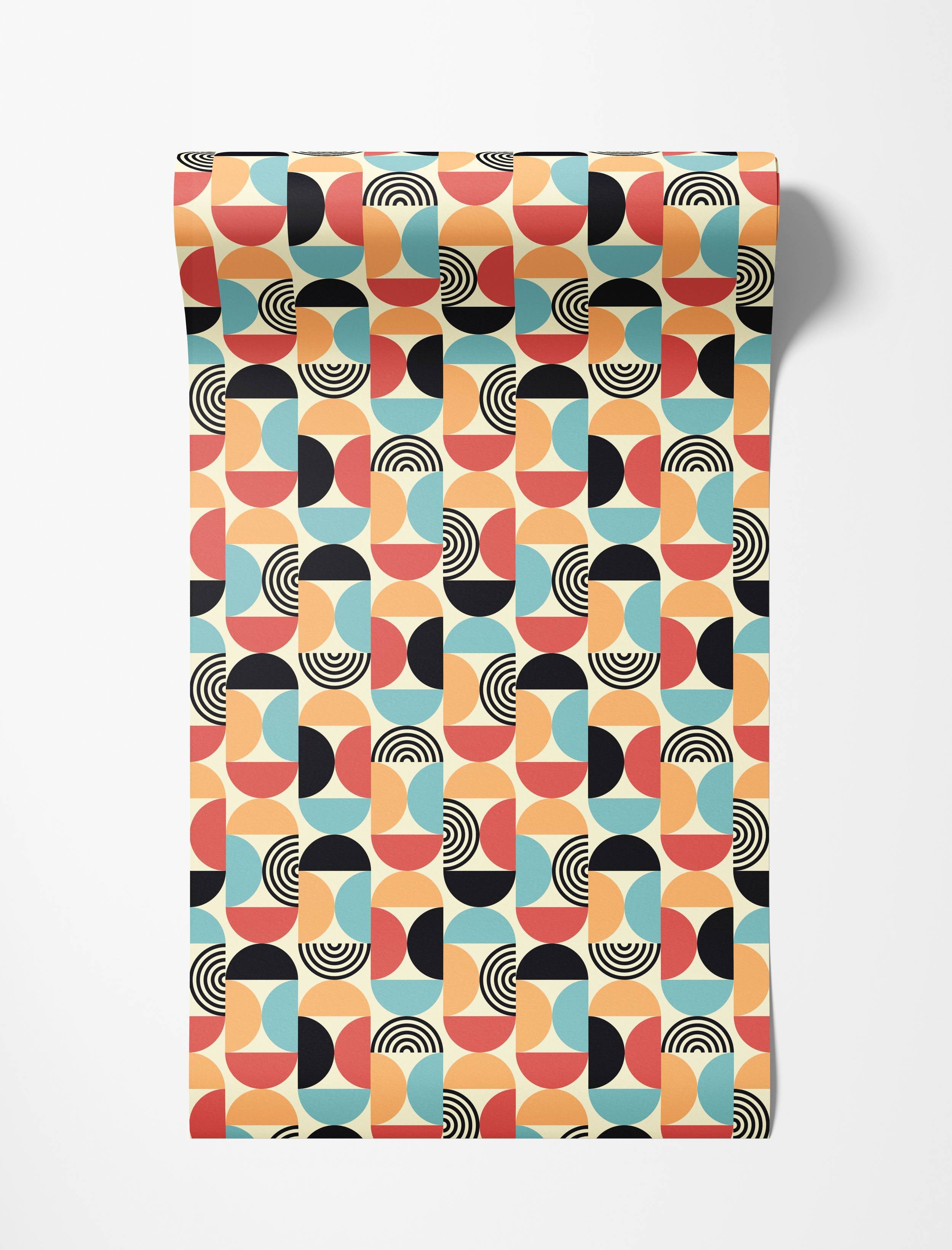 Retro wallpaper featuring a geometric pattern of stacked semicircles in red, orange, light blue, black, and cream.