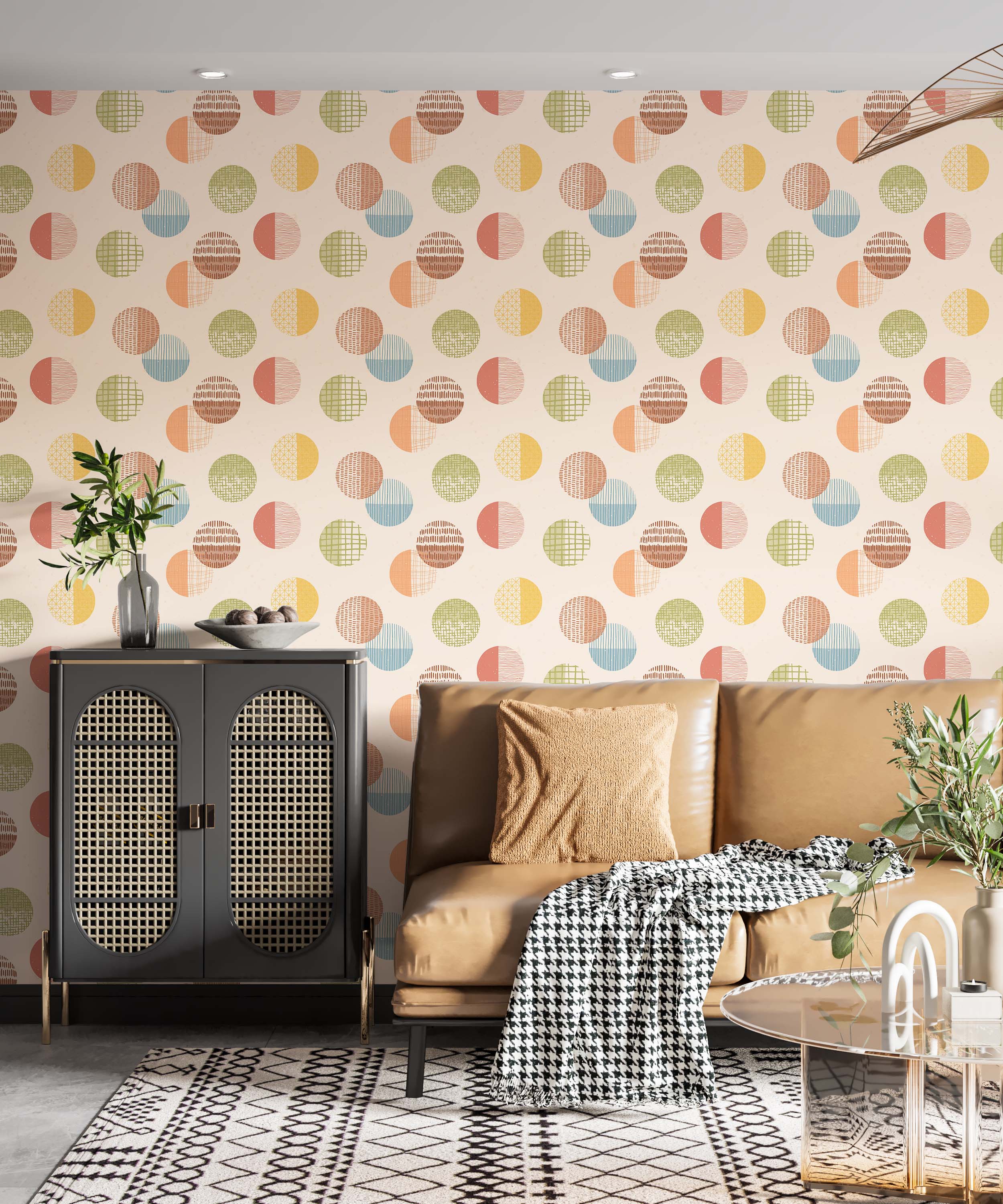 Retro wallpaper with textured circles in orange, blue, green, yellow, and brown, some split-patterned, on a light beige background.