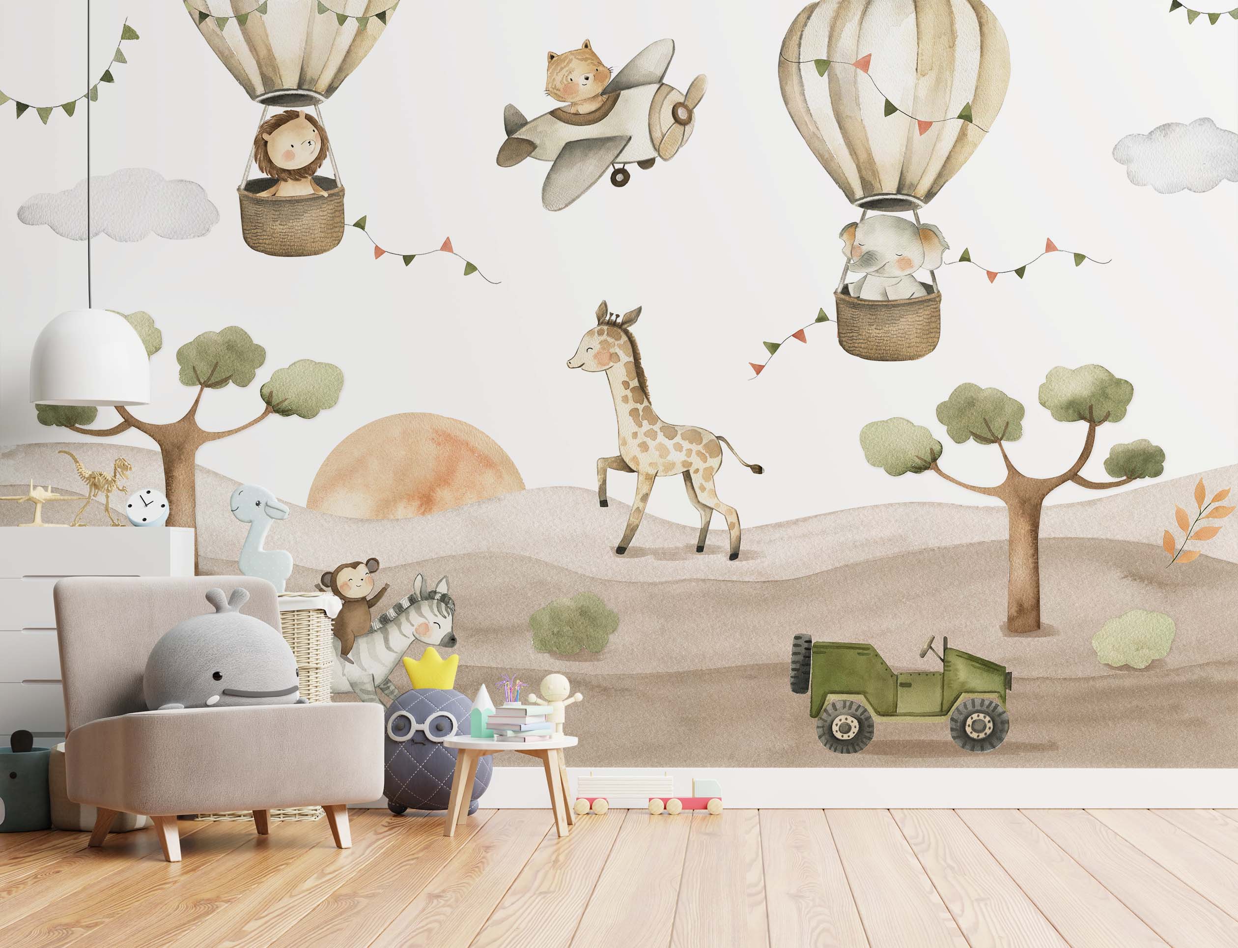 Mural of a whimsical safari with animals in hot air balloons and a jeep, painted in soft watercolor browns and greens.