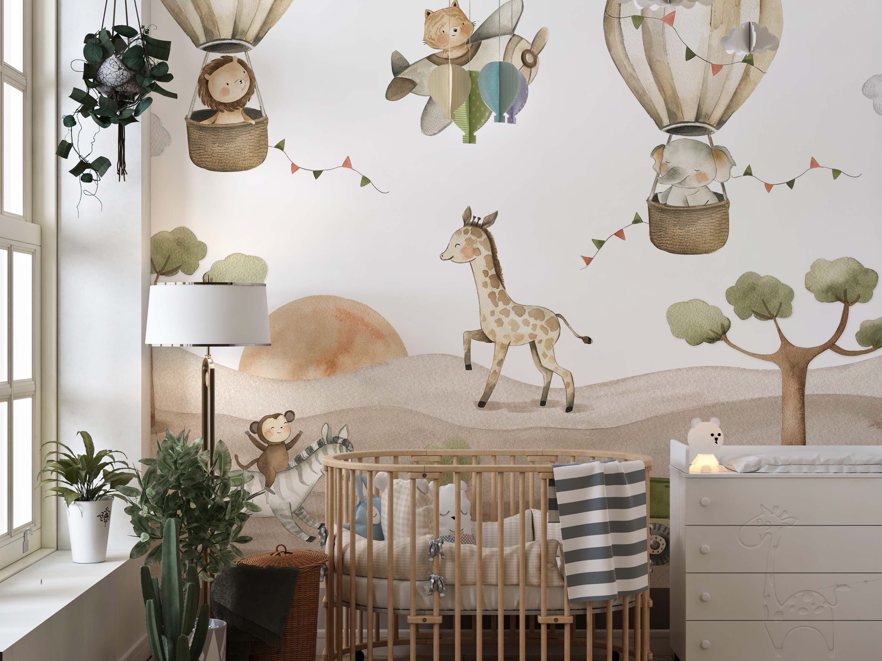 Mural of a whimsical safari scene with a giraffe, monkey, lion, and elephant in hot air balloons and an airplane in soft, earthy tones.