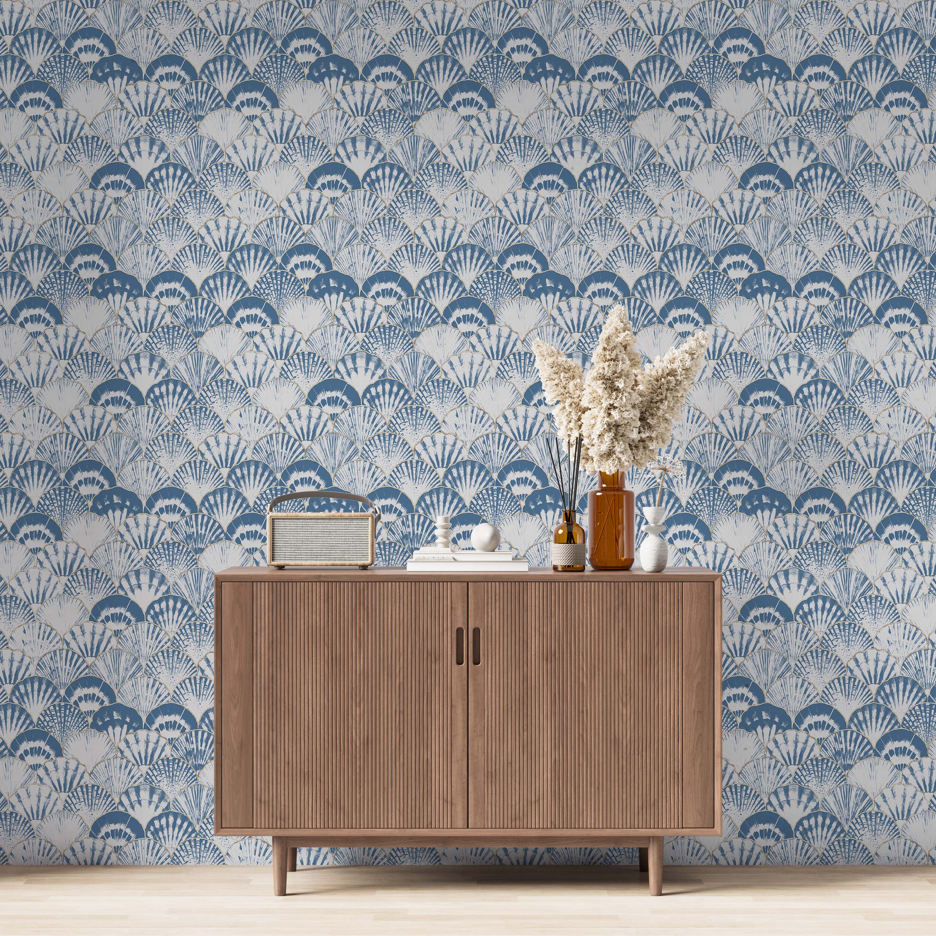 Art Deco wallpaper featuring a repeating scallop pattern in shades of blue and white with elegant gold accents.