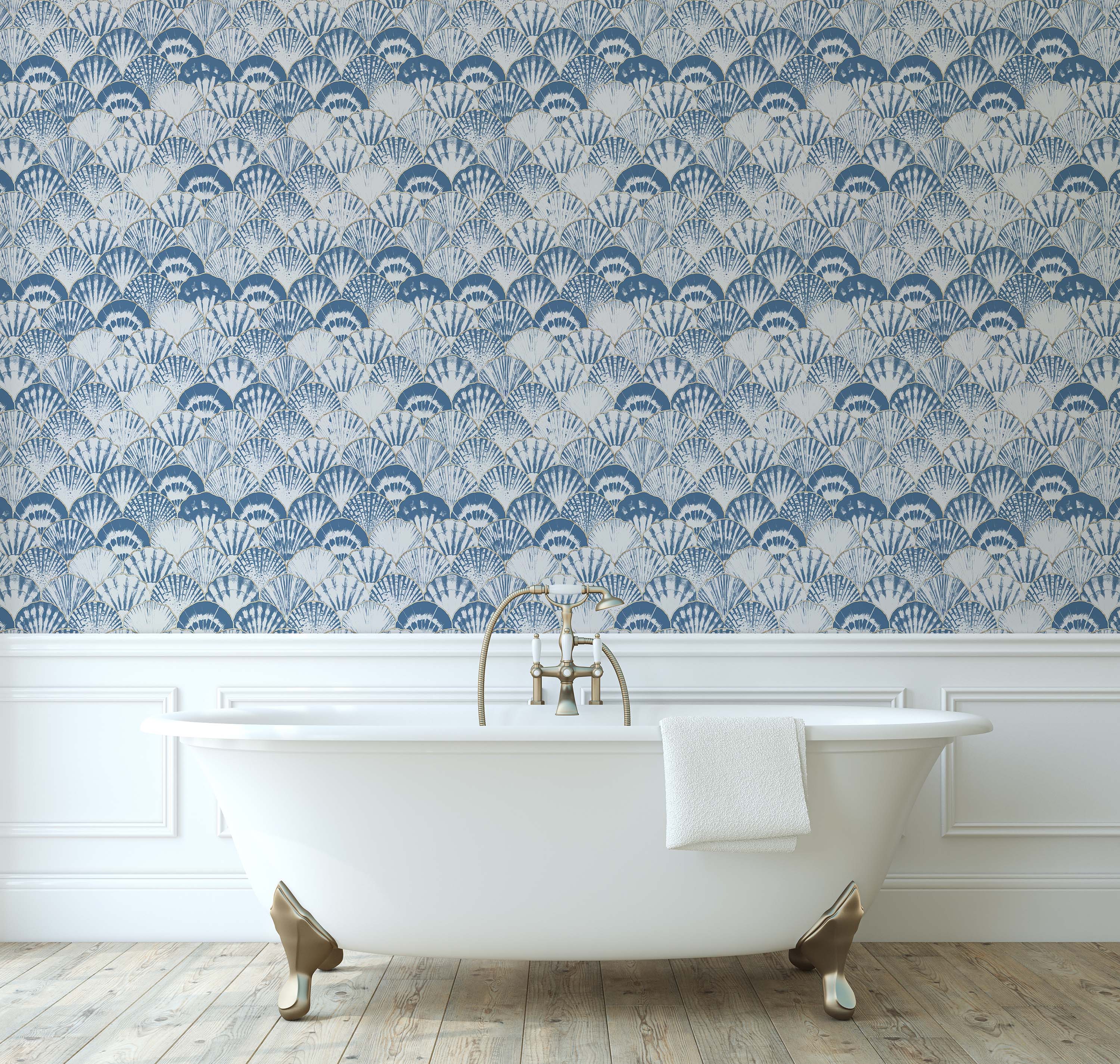 Wallpaper with a repeating scallop shell design in blue and white, featuring a tie-dye effect and gold accents.