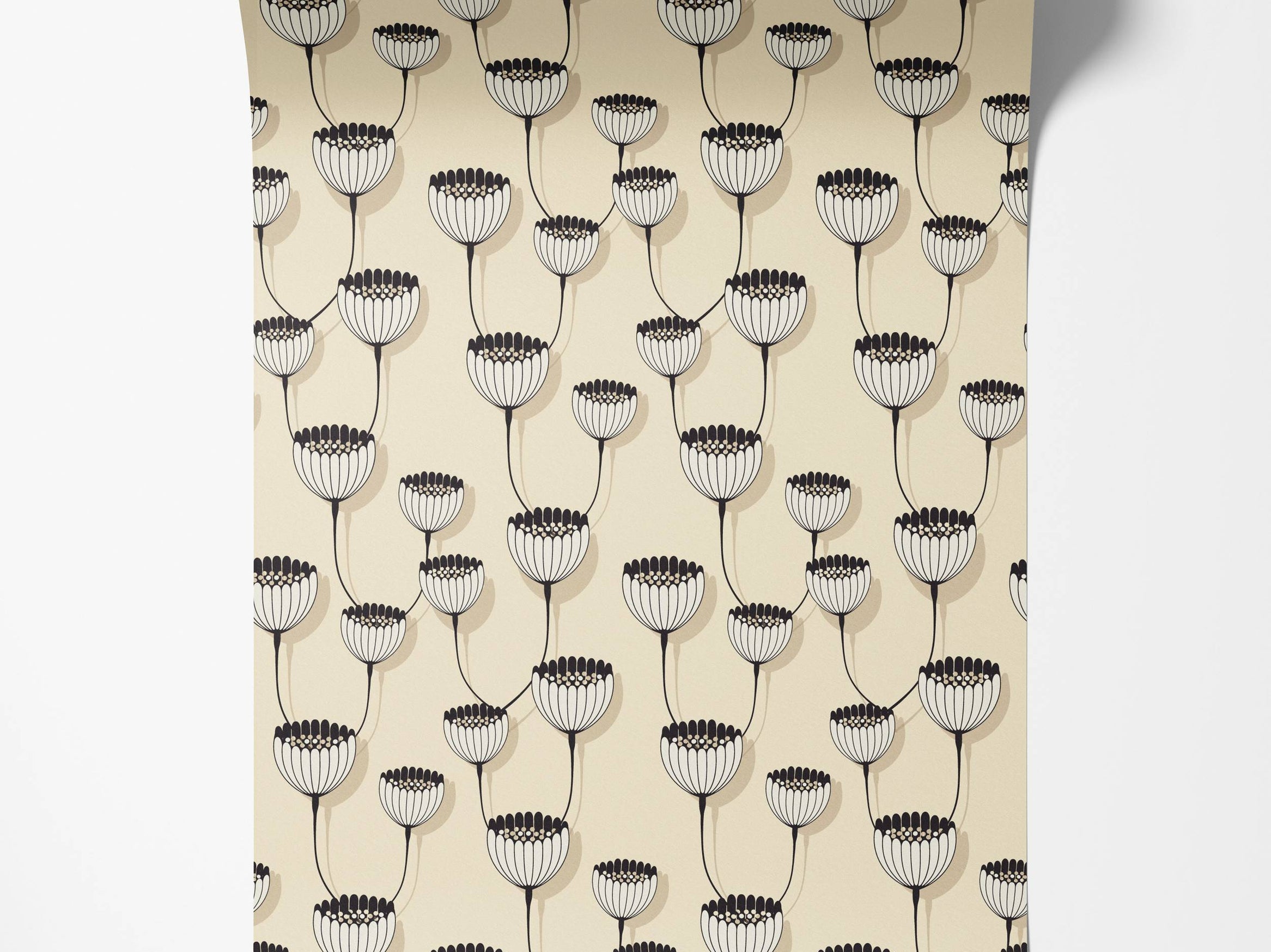 A graphic wallpaper with stylized black and white flower heads connected by thin, dark vines on a soft cream backdrop.