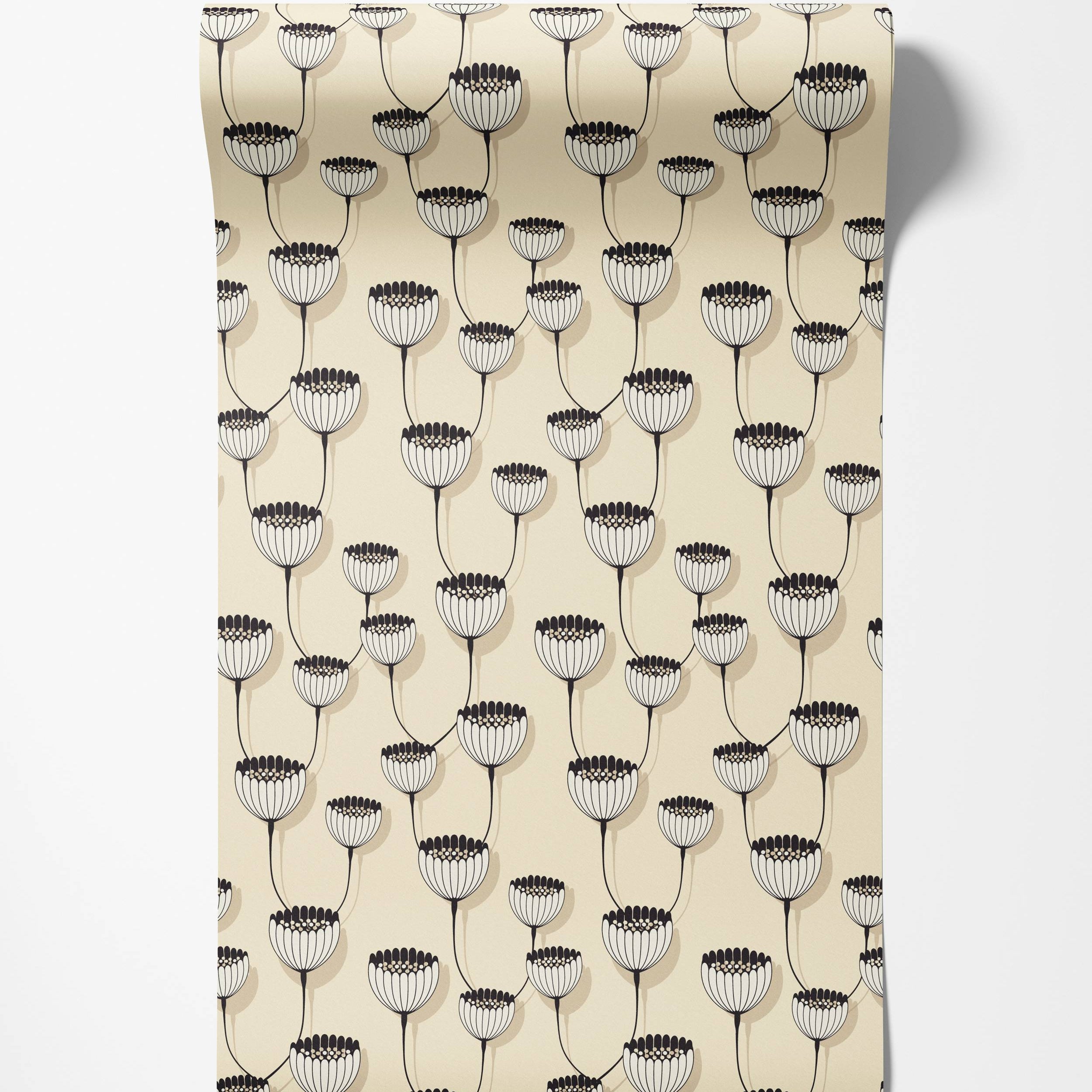 A graphic wallpaper with stylized black and white flower heads connected by thin, dark vines on a soft cream backdrop.
