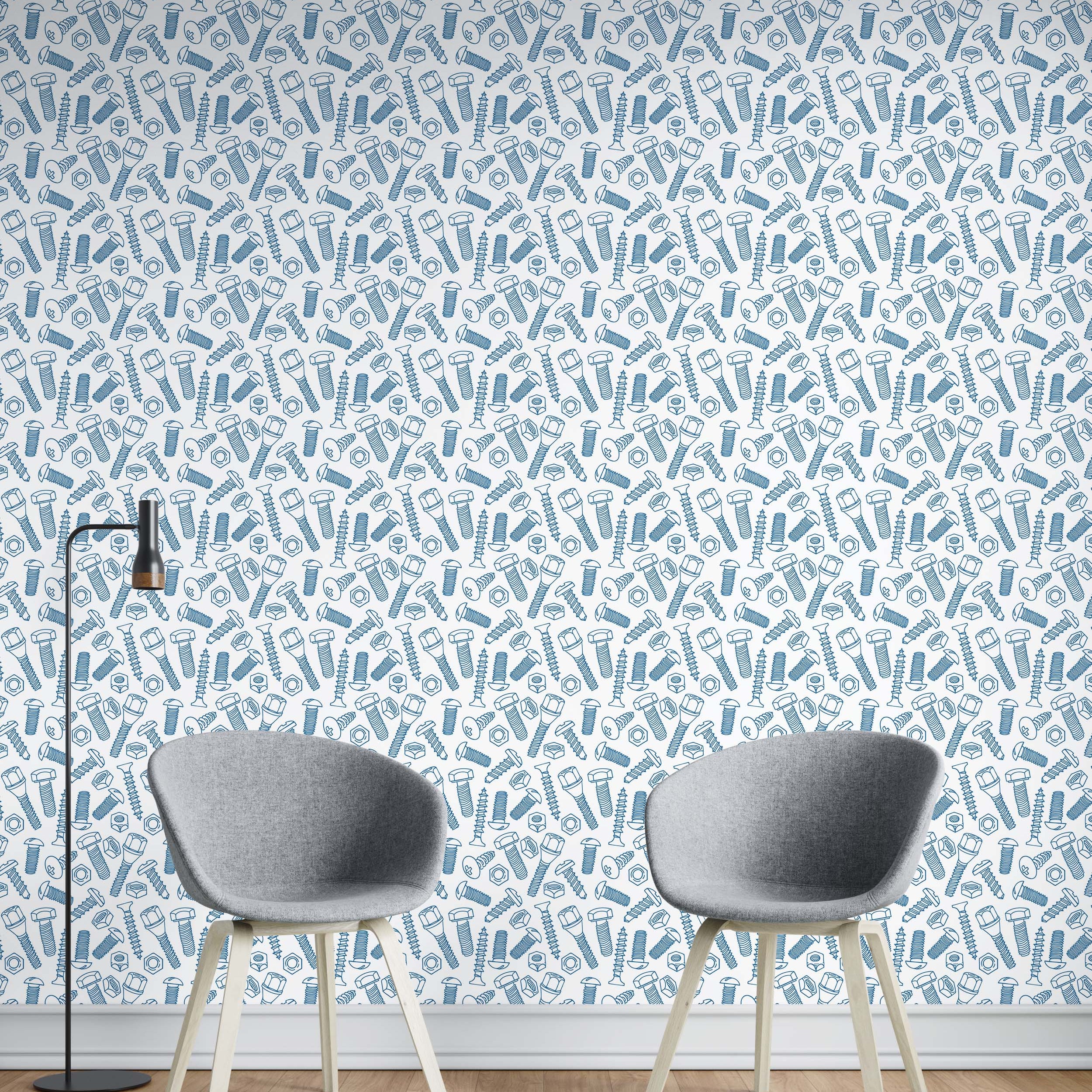 Wallpaper featuring a scattered pattern of blue outlined hardware like screws, nuts, and bolts on a white background.