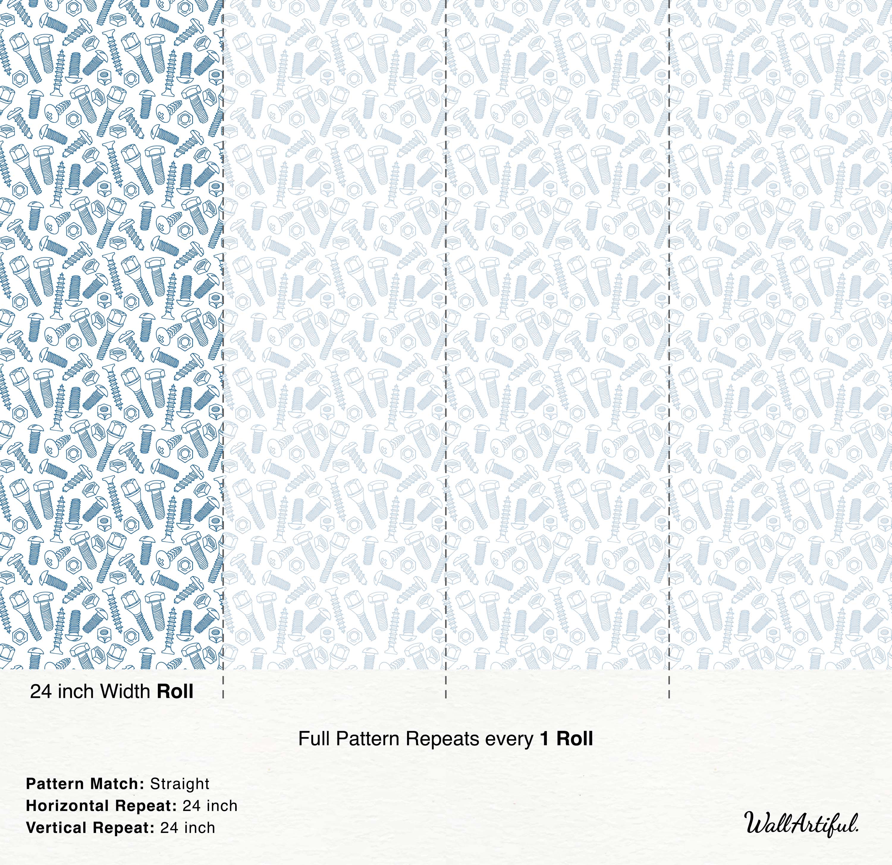 Wallpaper featuring a repeating pattern of assorted blue line art screws, bolts, and nuts on a white background.