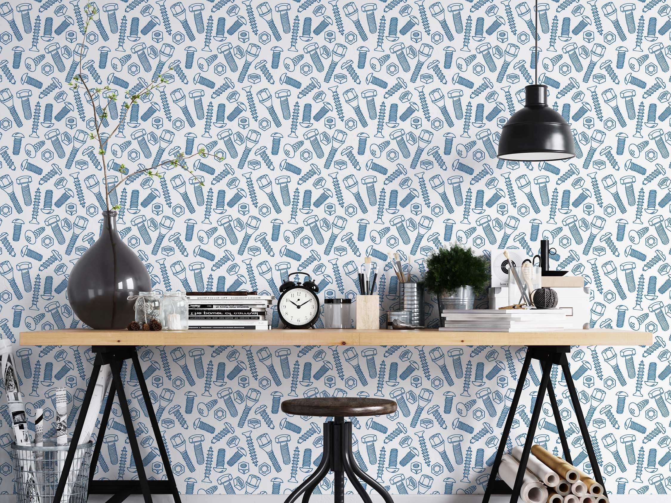 Wallpaper with a repeating pattern of blue illustrated screws, nuts, and bolts on a white background.