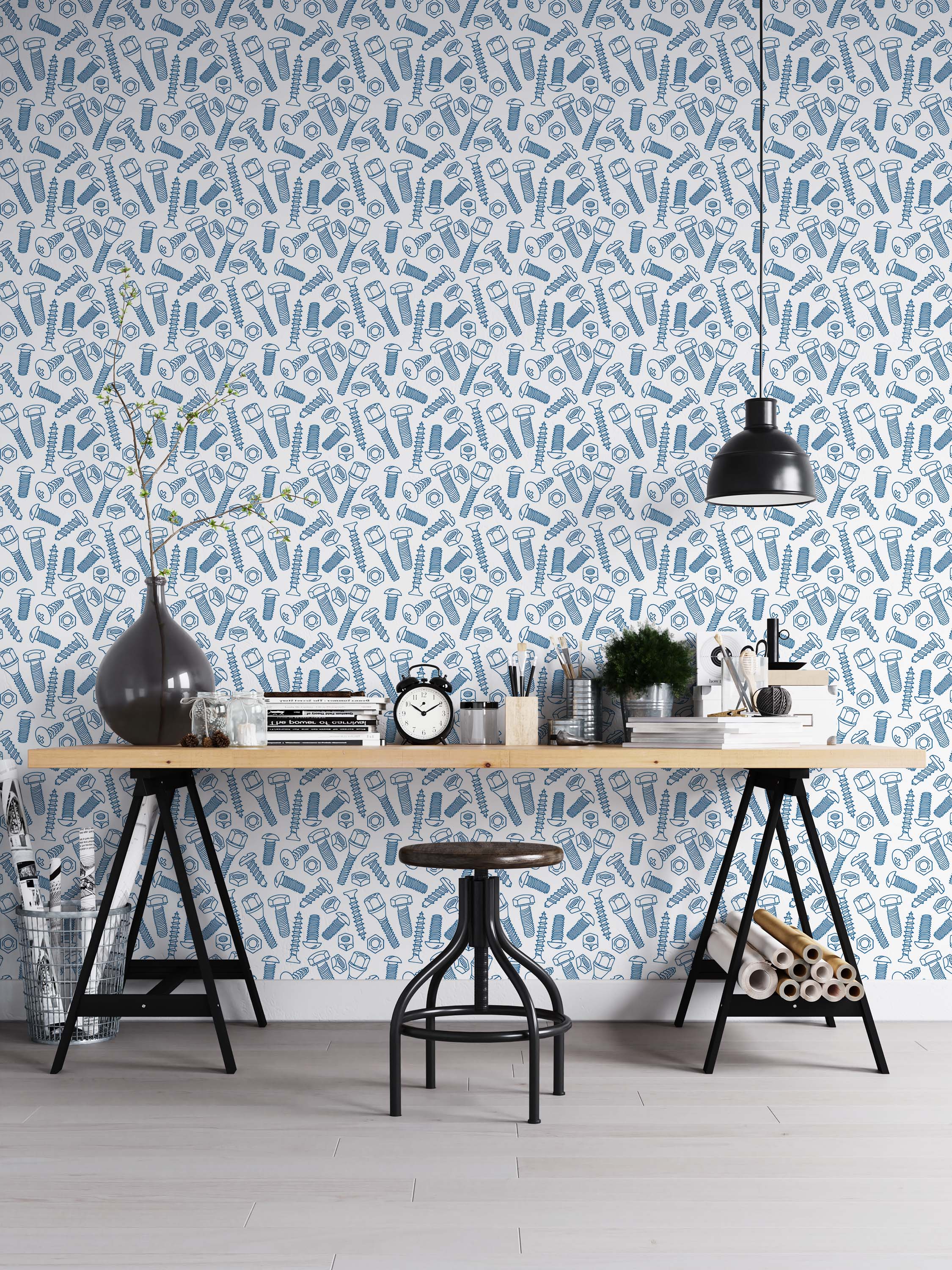 Wallpaper with a repeating pattern of blue illustrated screws, nuts, and bolts on a white background.