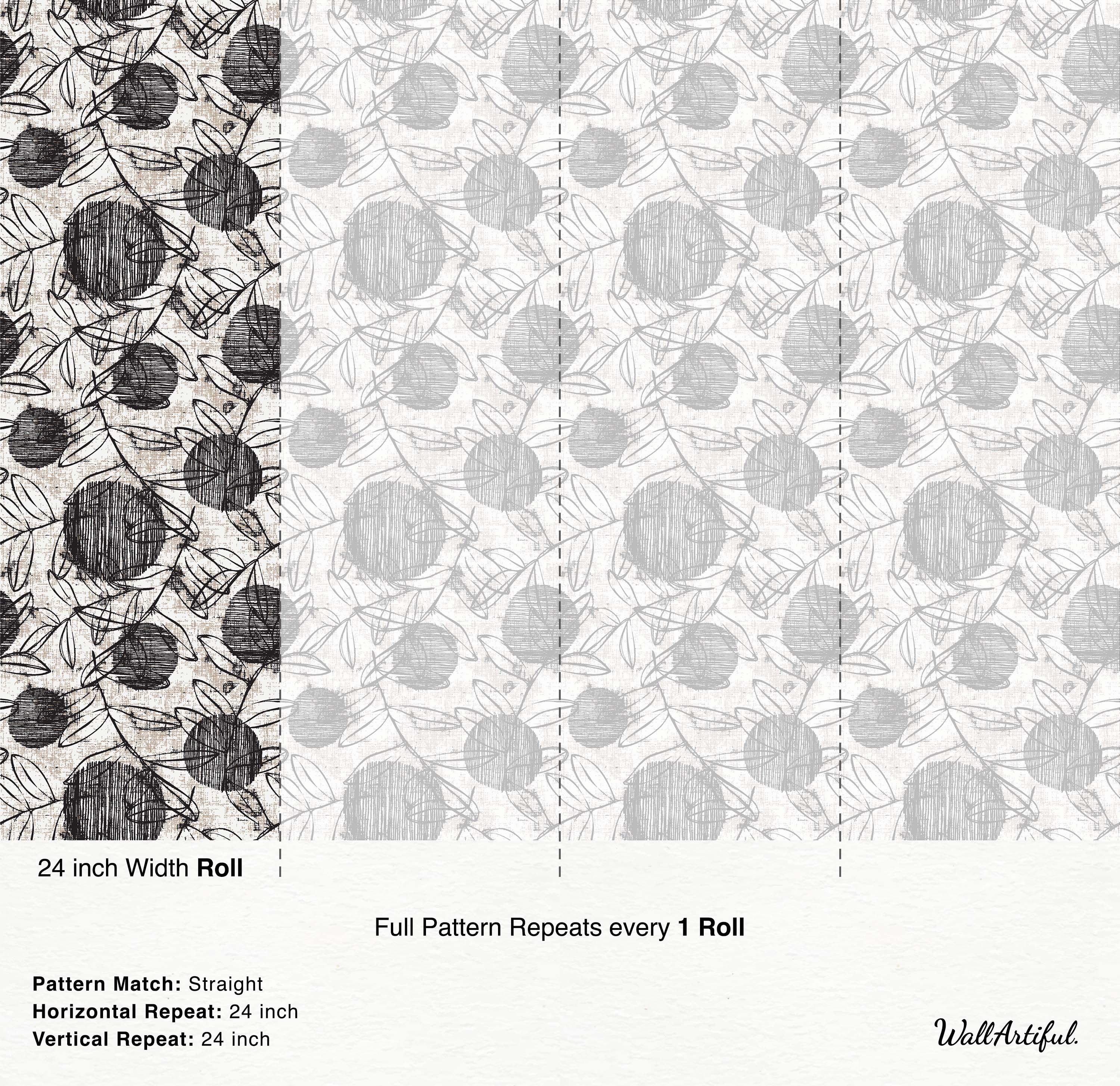 Wallpaper with a sketched botanical pattern of scribbled black circles and leaves on a textured light beige background.