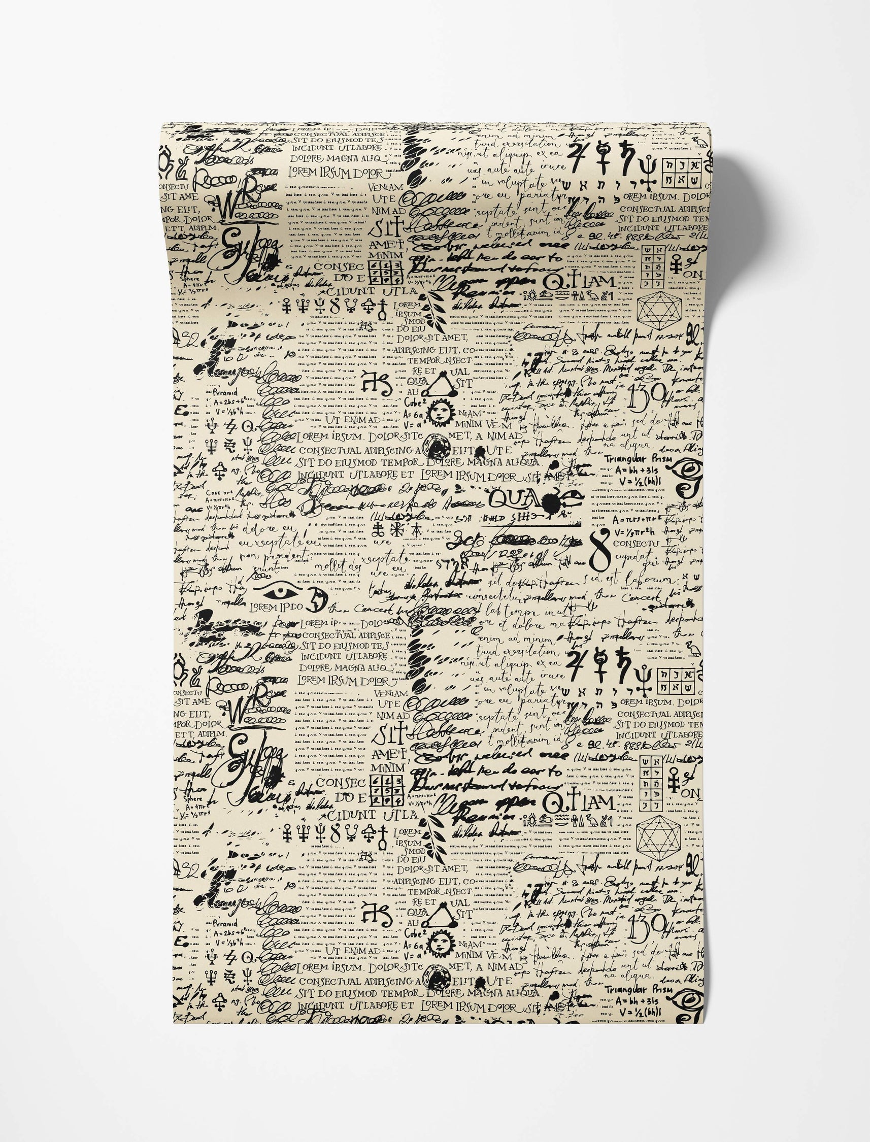 Wallpaper featuring black handwritten script, text, mathematical formulas, and various abstract symbols on a beige background.