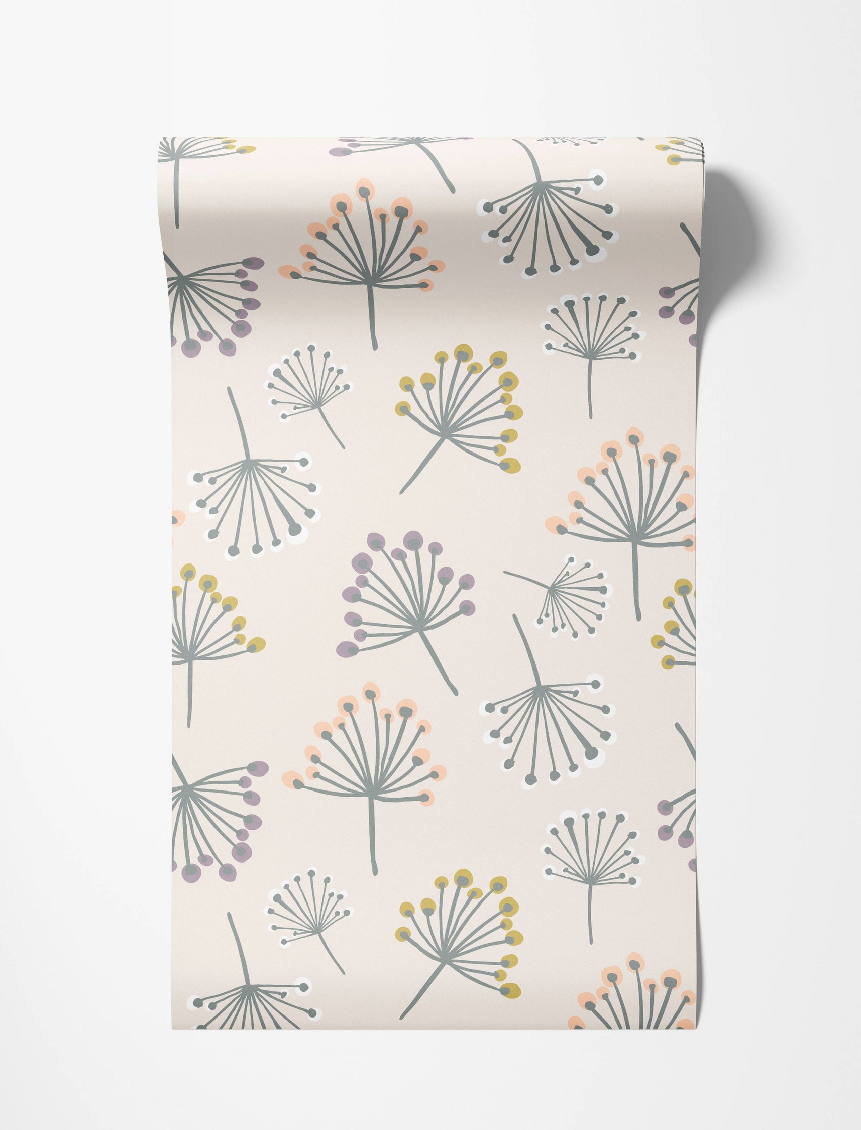 Whimsical wallpaper with stylized gray seed heads featuring peach, yellow, purple, and white dots on a light cream background.