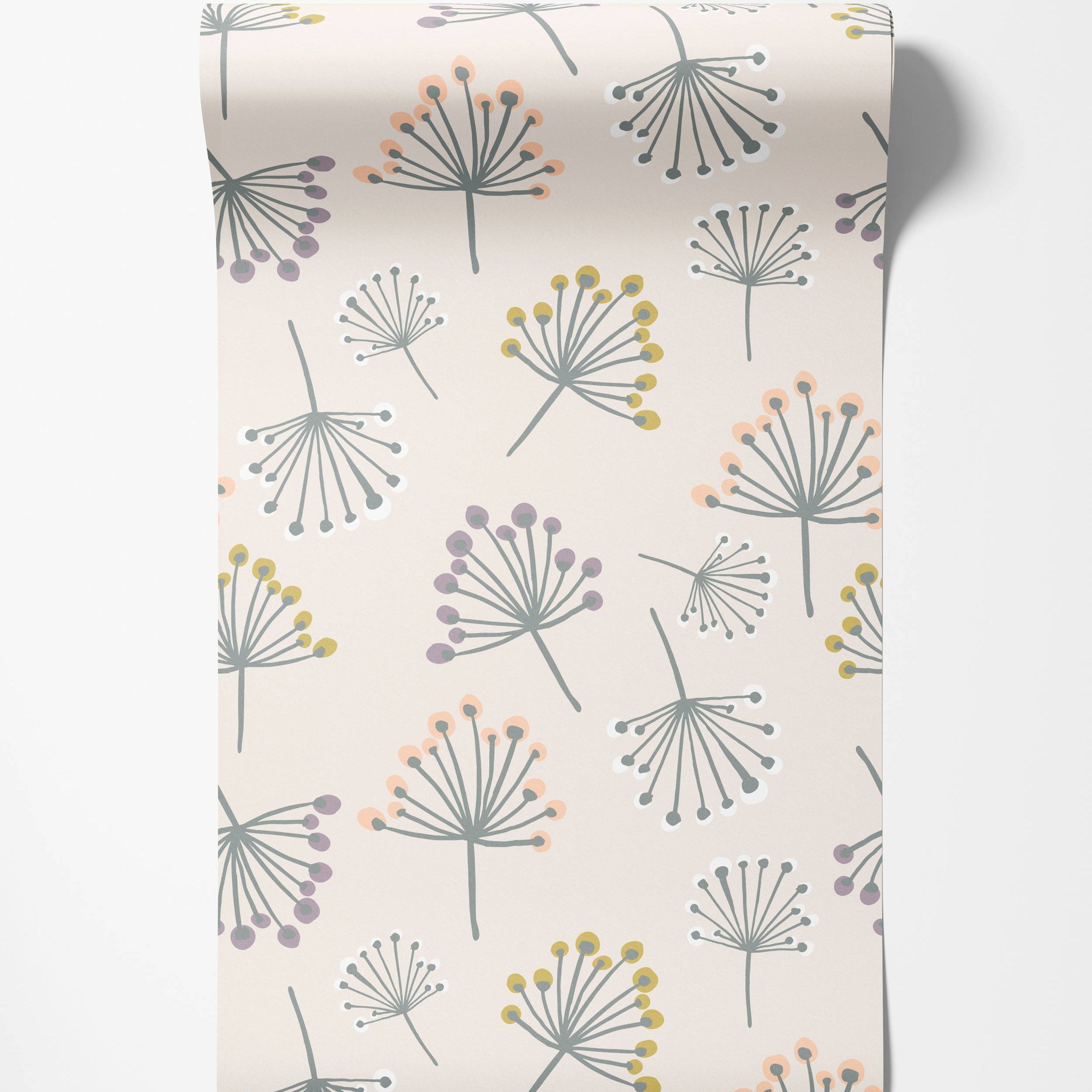 Whimsical wallpaper with stylized gray seed heads featuring peach, yellow, purple, and white dots on a light cream background.
