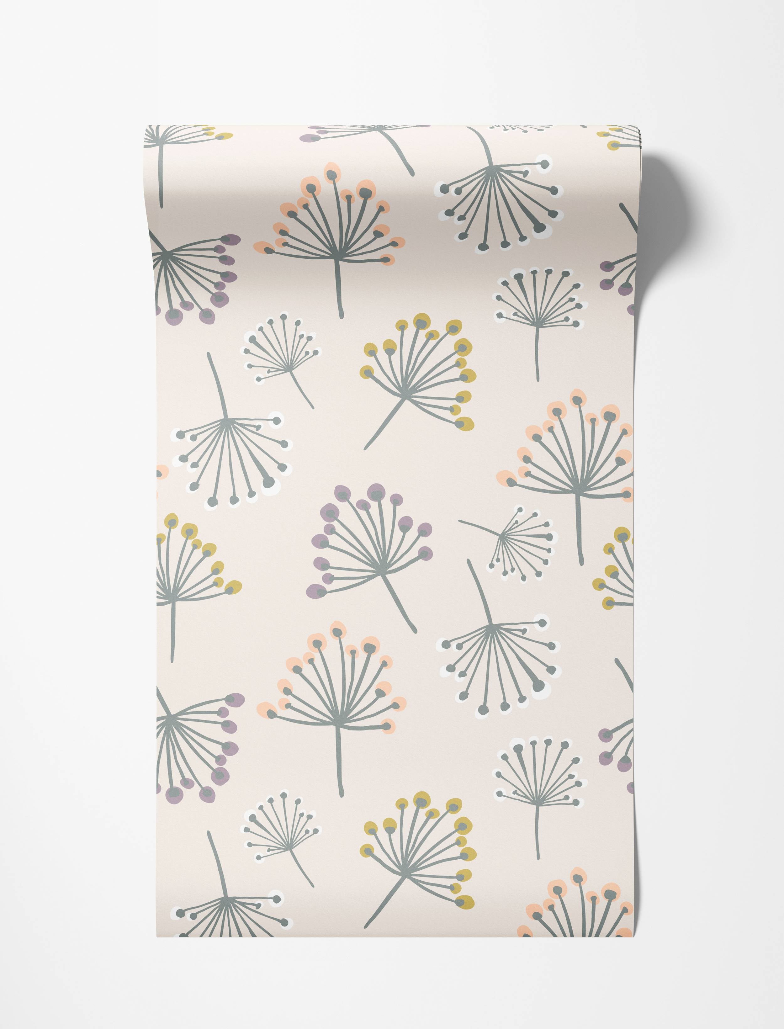 Whimsical wallpaper with stylized gray seed heads featuring peach, yellow, purple, and white dots on a light cream background.