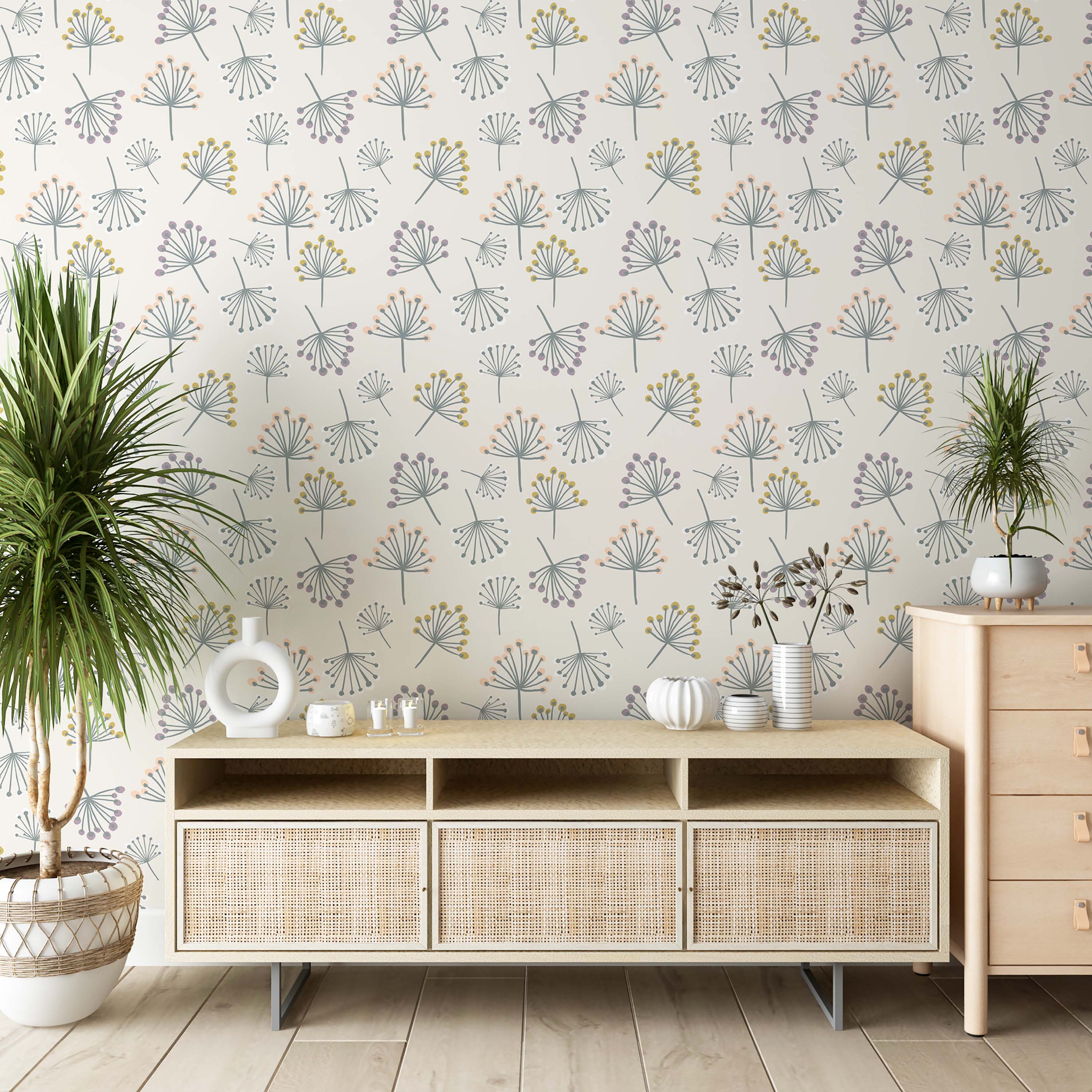 Wallpaper featuring stylized seed heads with gray stems and dots in yellow, peach, and mauve on a cream background.