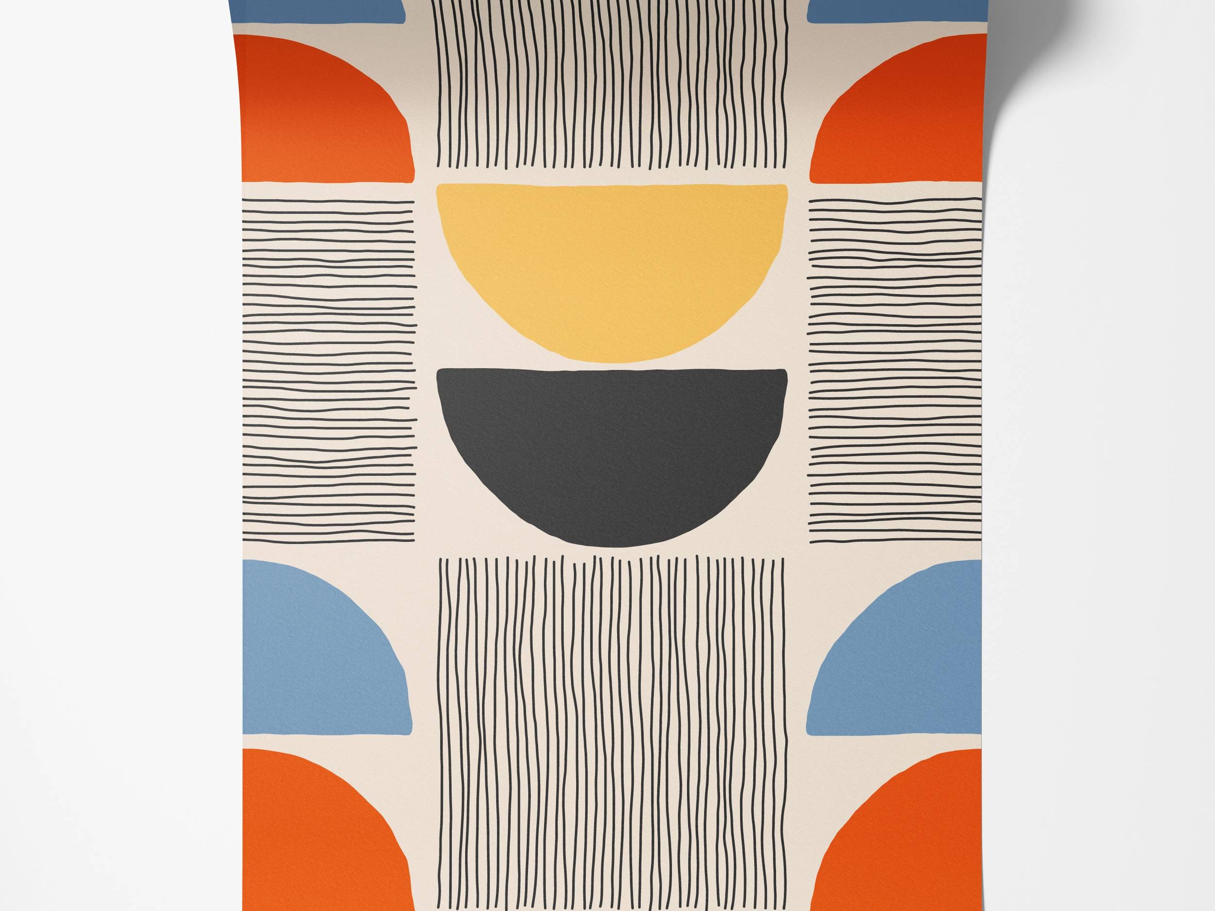 Geometric wallpaper featuring colorful semi-circles in blue, orange, yellow, and black alongside blocks of black lines.
