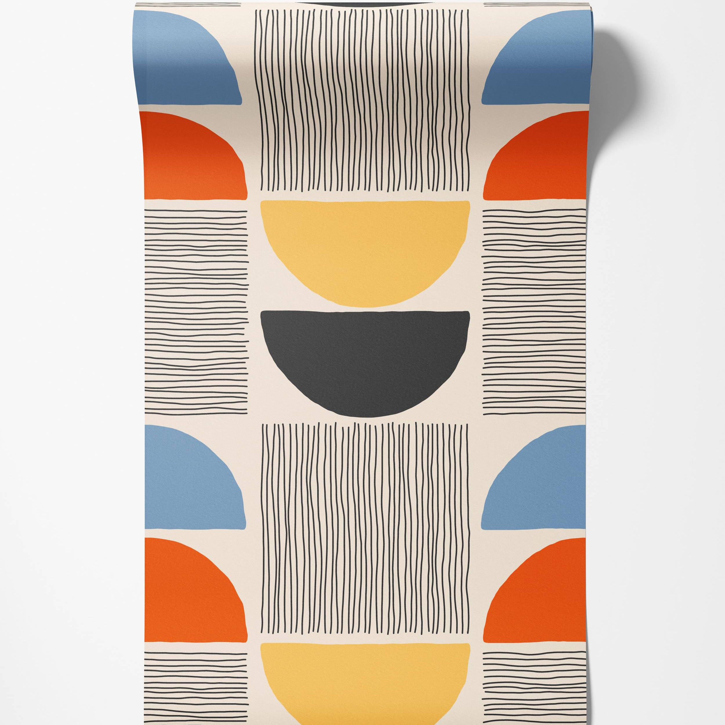 Geometric wallpaper featuring colorful semi-circles in blue, orange, yellow, and black alongside blocks of black lines.