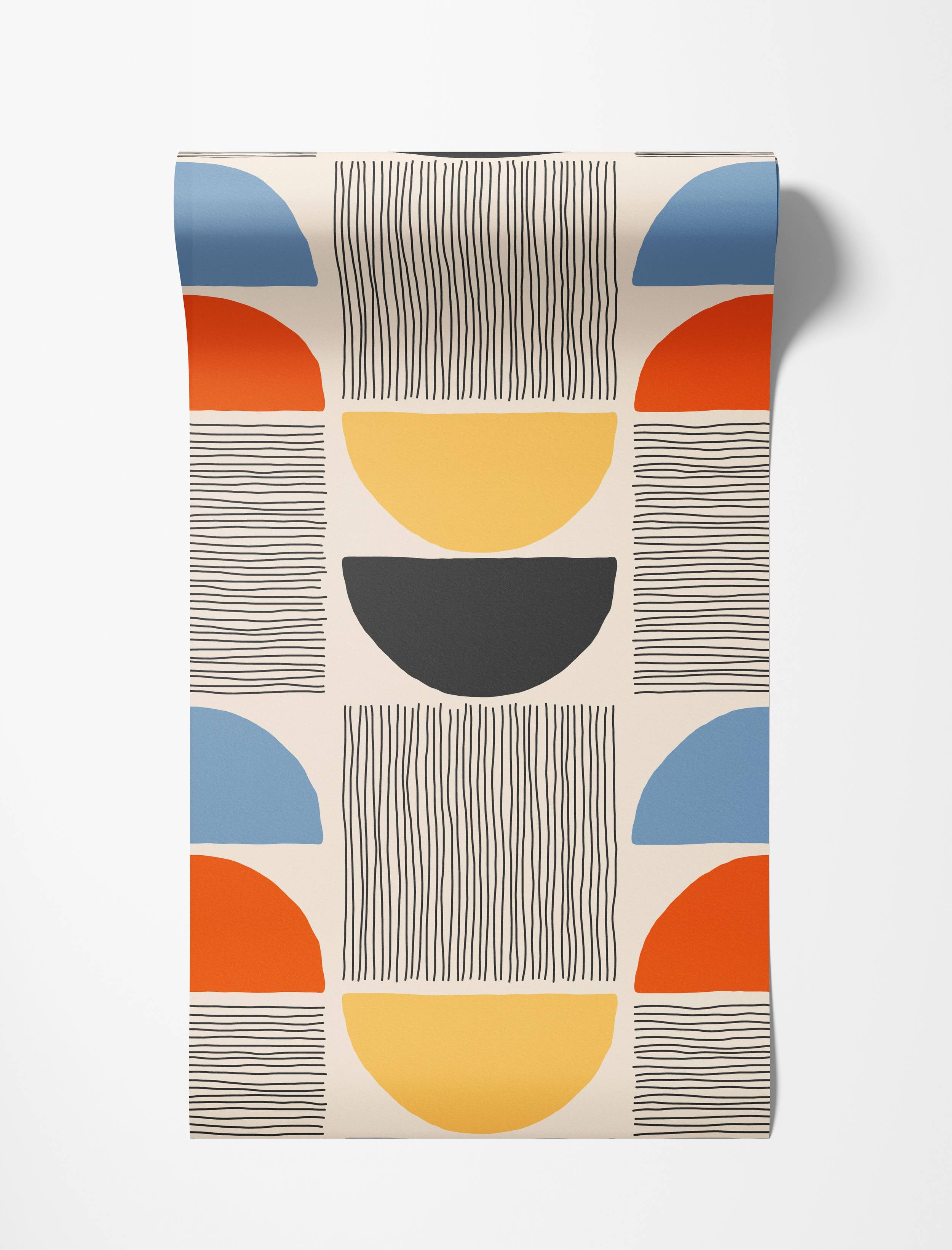 Geometric wallpaper featuring colorful semi-circles in blue, orange, yellow, and black alongside blocks of black lines.