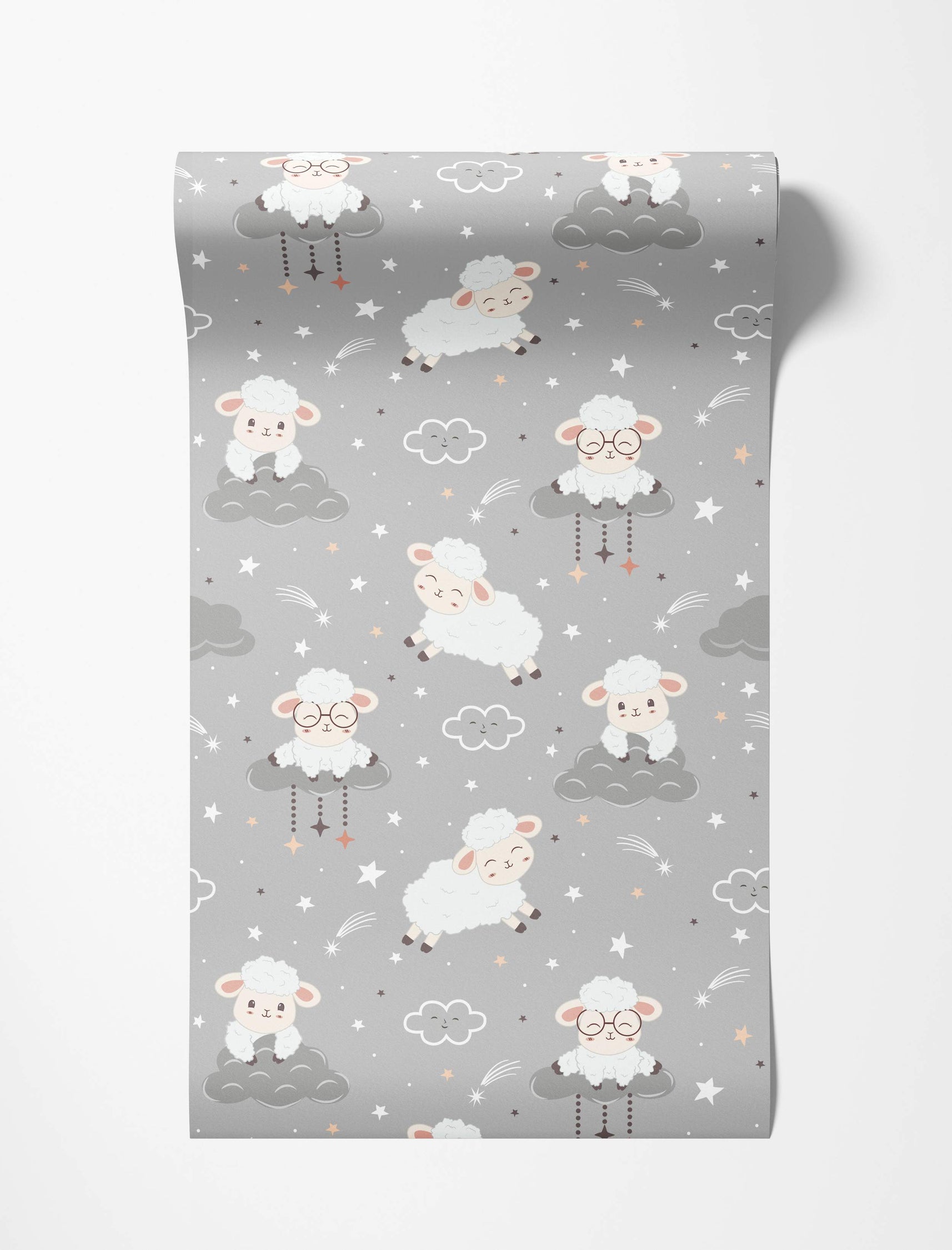Cute cartoon sheep, clouds, and stars wallpaper with jumping and seated sheep on a gray background.