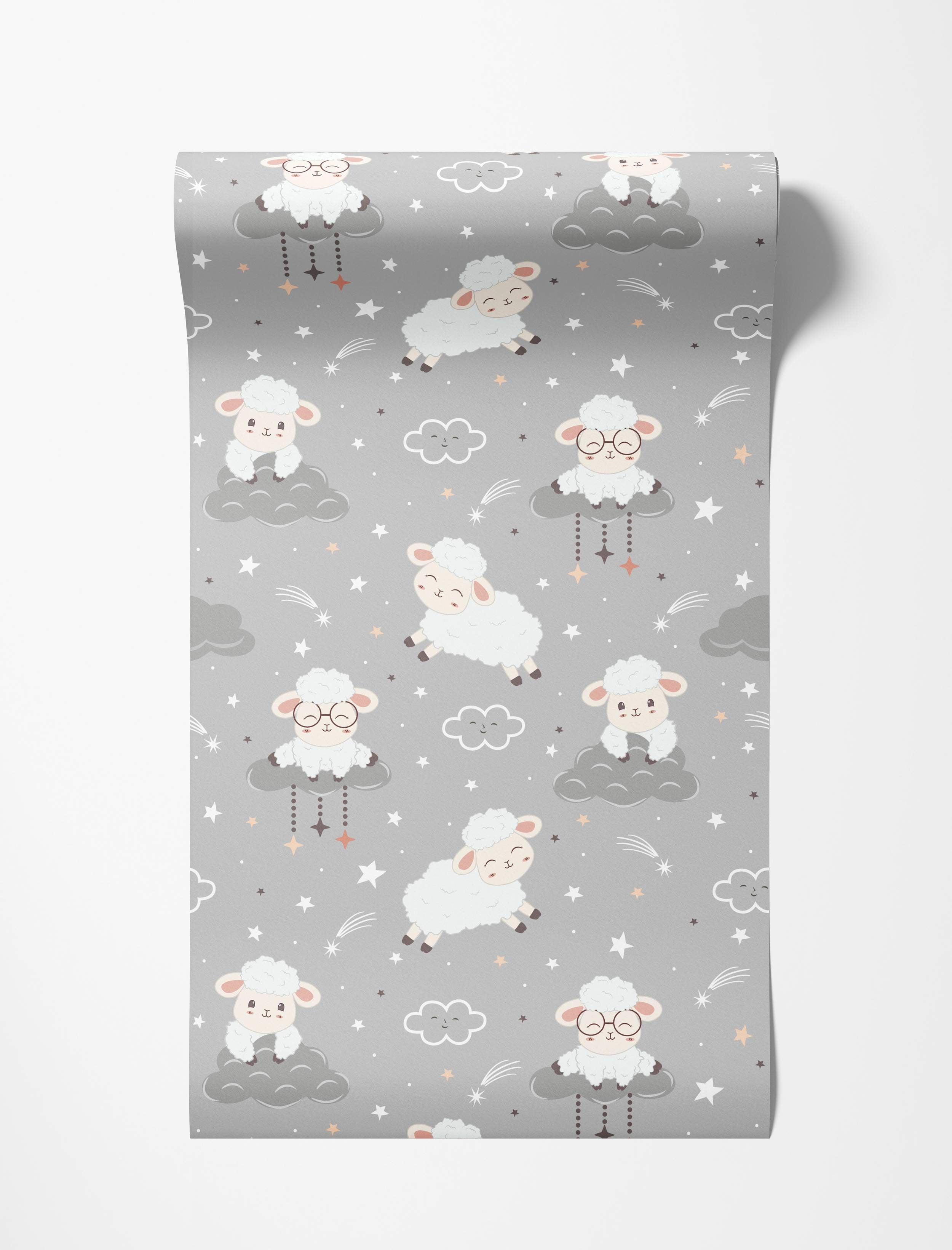 Cute cartoon sheep, clouds, and stars wallpaper with jumping and seated sheep on a gray background.
