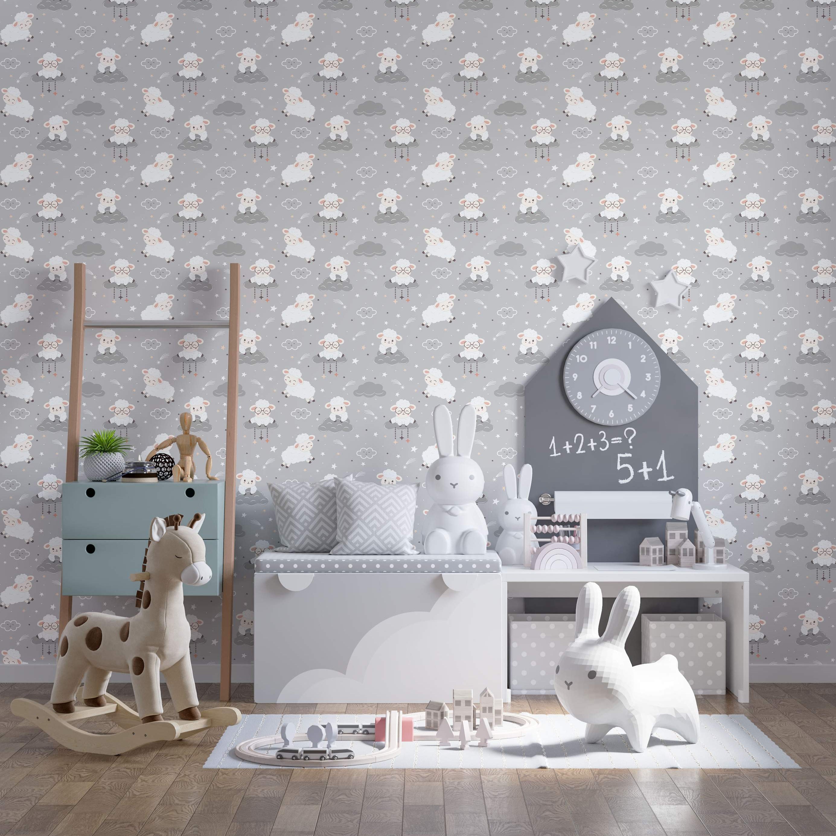 Kids wallpaper featuring cute cartoon sheep, clouds, stars, and shooting stars on a soft gray background.