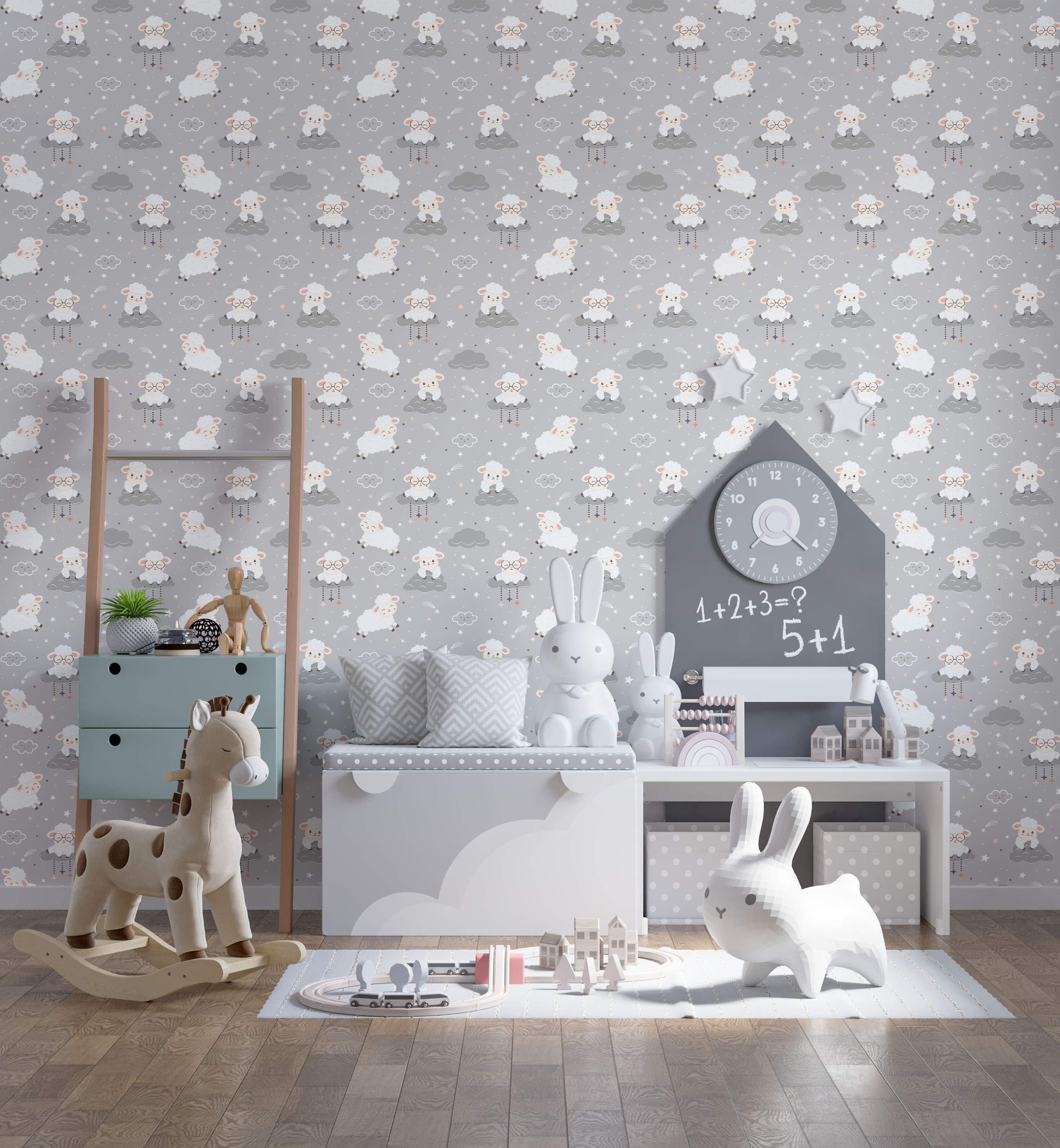 Kids wallpaper featuring cute cartoon sheep, clouds, stars, and shooting stars on a soft gray background.