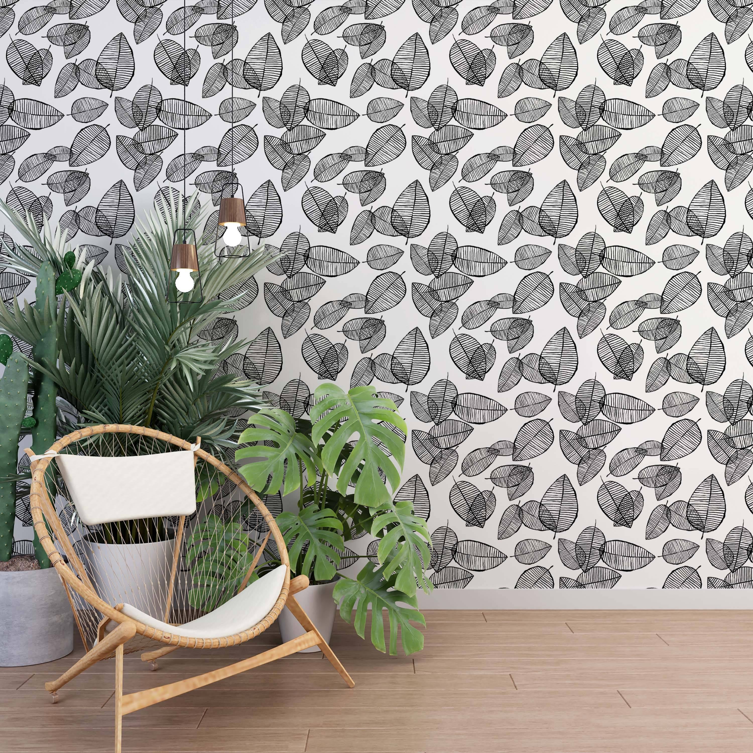 Sketch-style wallpaper with overlapping black leaves, detailed with horizontal stripes, on a white background.