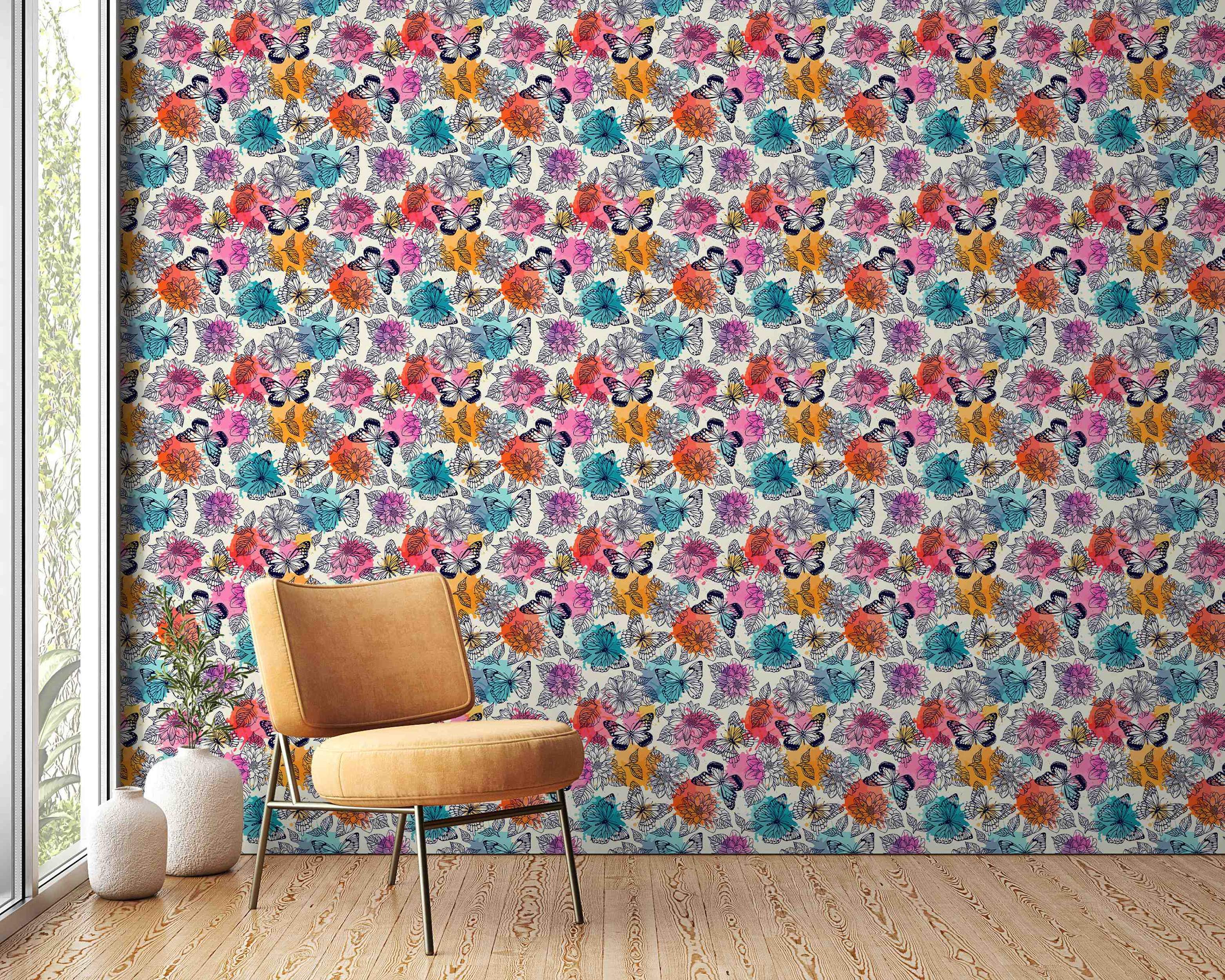Wallpaper featuring sketched butterflies and flowers over vibrant watercolor splashes of pink, orange, teal, and purple.
