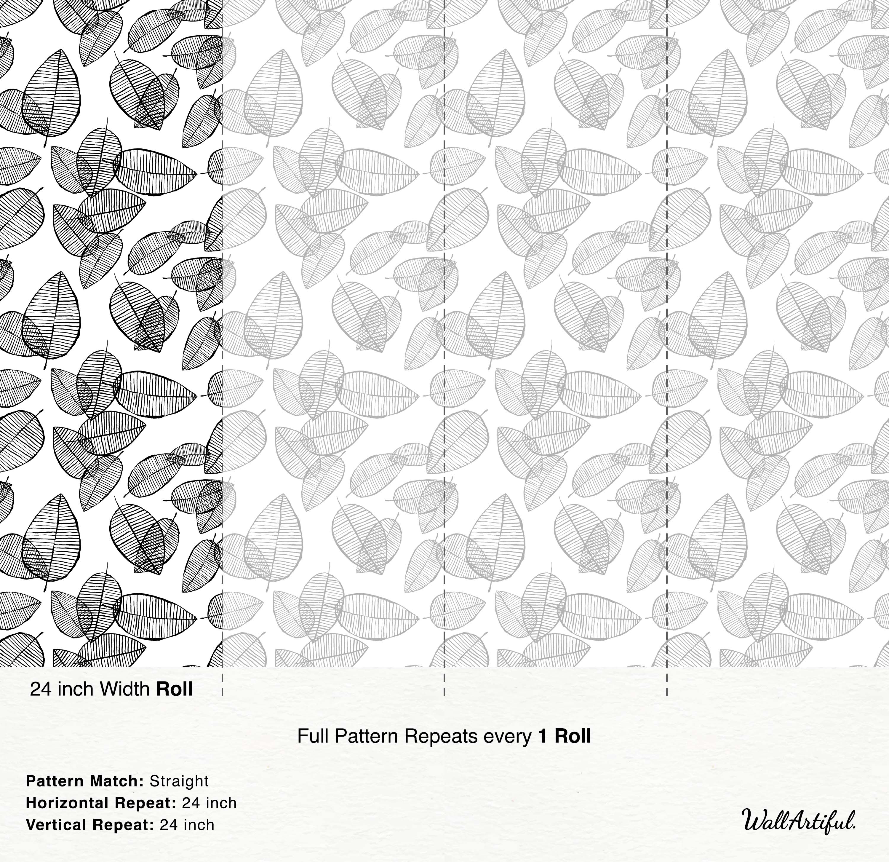 Wallpaper with a repeating pattern of sketched leaves in black and gray with linear details on a white background.