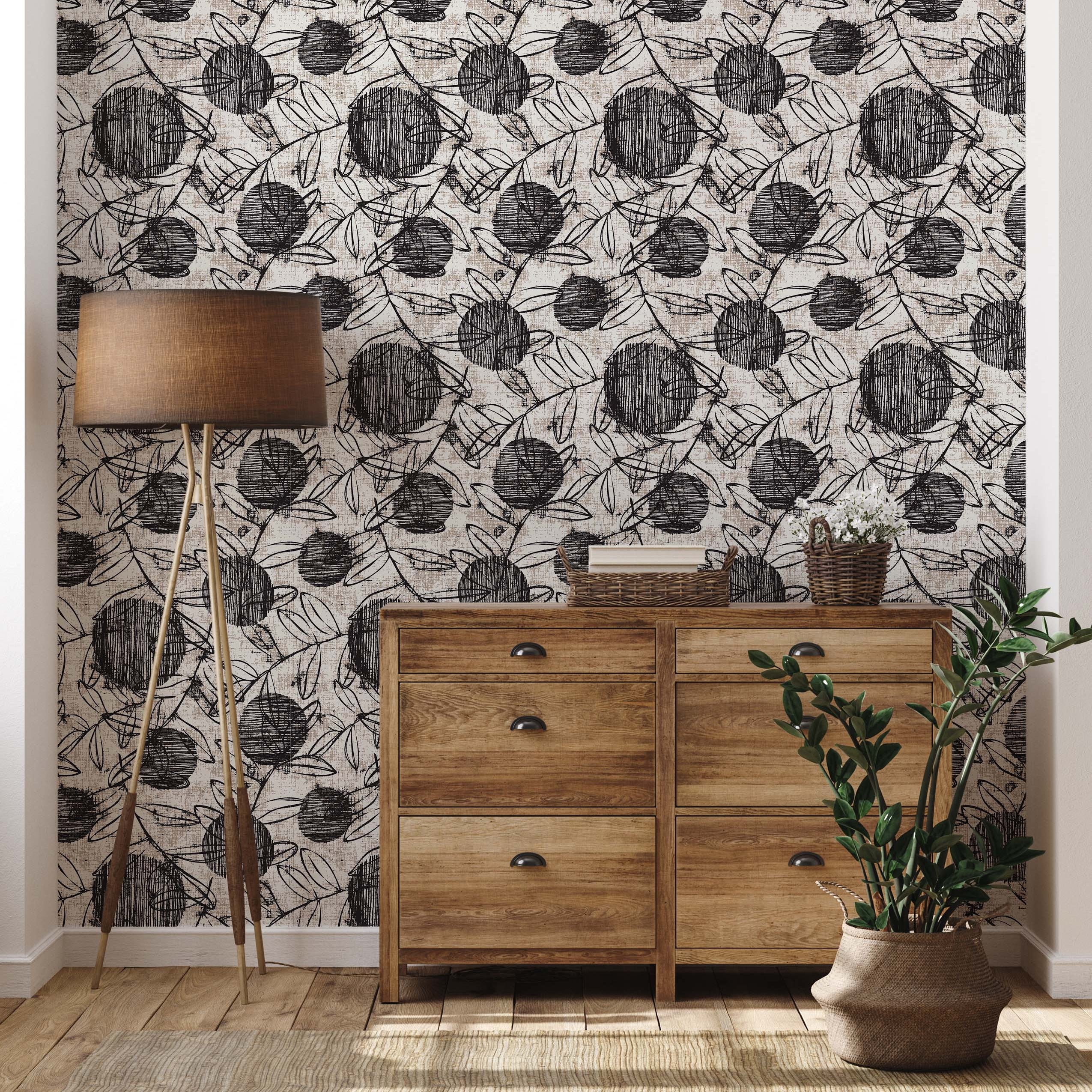A sketchy botanical wallpaper with hand-drawn black fruit and leaves on a textured, distressed beige background.