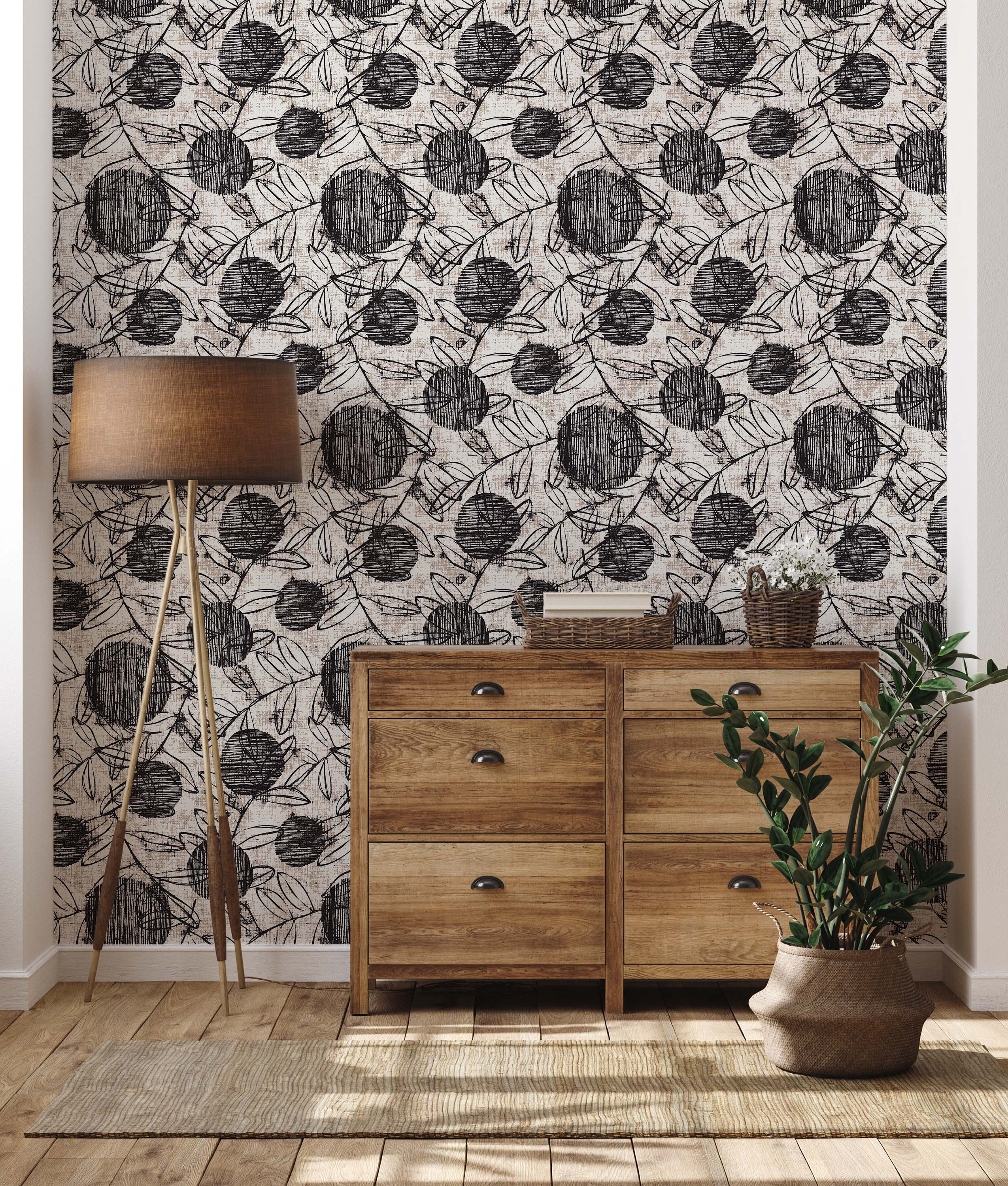 A sketchy botanical wallpaper with hand-drawn black fruit and leaves on a textured, distressed beige background.