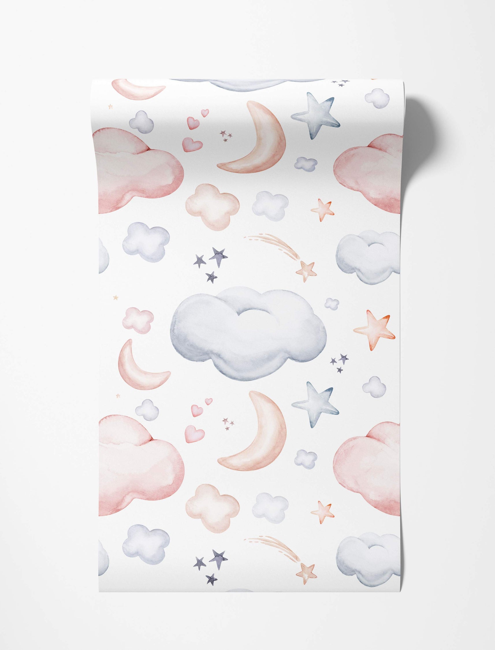 Watercolor wallpaper featuring a whimsical pattern of pastel pink and blue clouds, crescent moons, stars, and hearts on white.