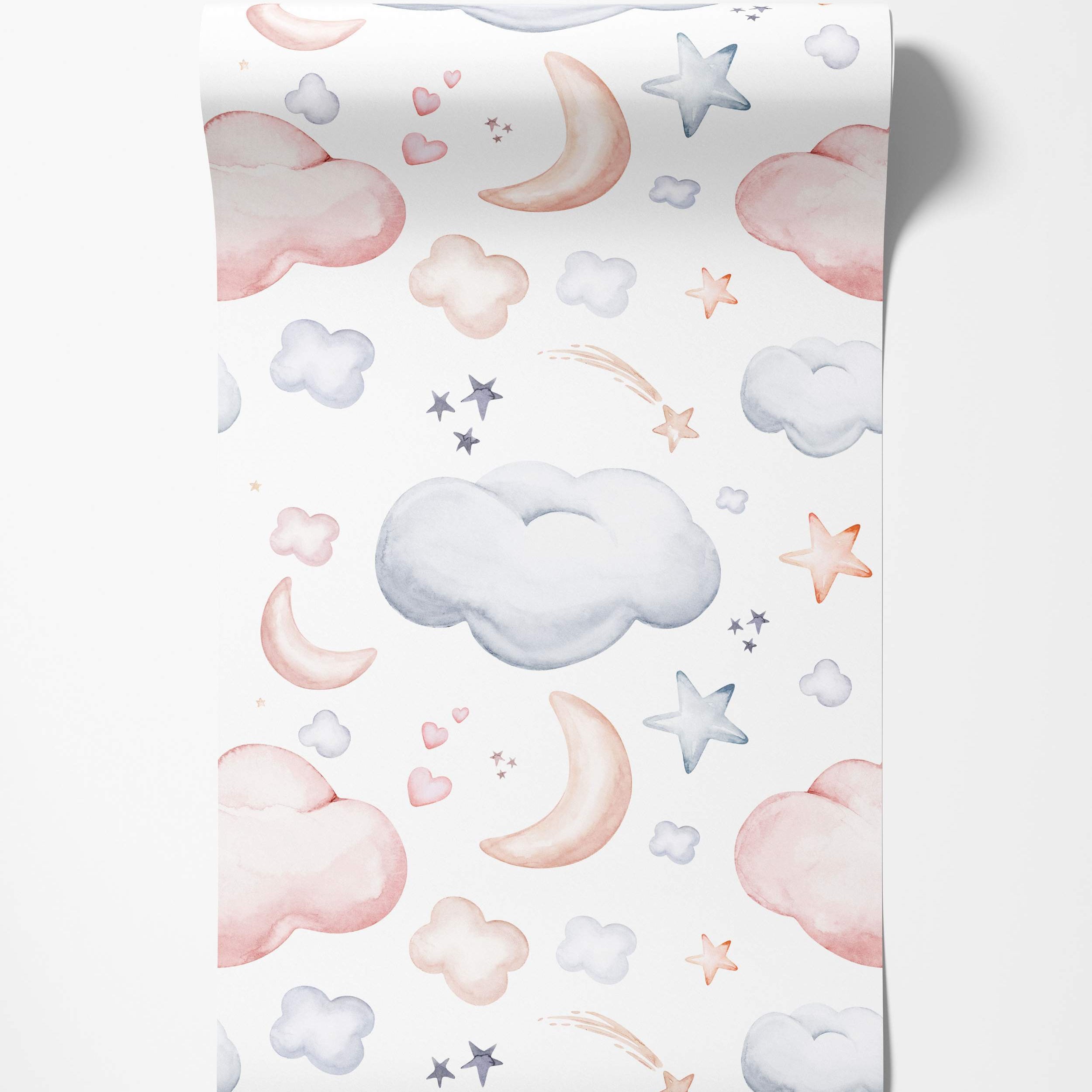 Watercolor wallpaper featuring a whimsical pattern of pastel pink and blue clouds, crescent moons, stars, and hearts on white.