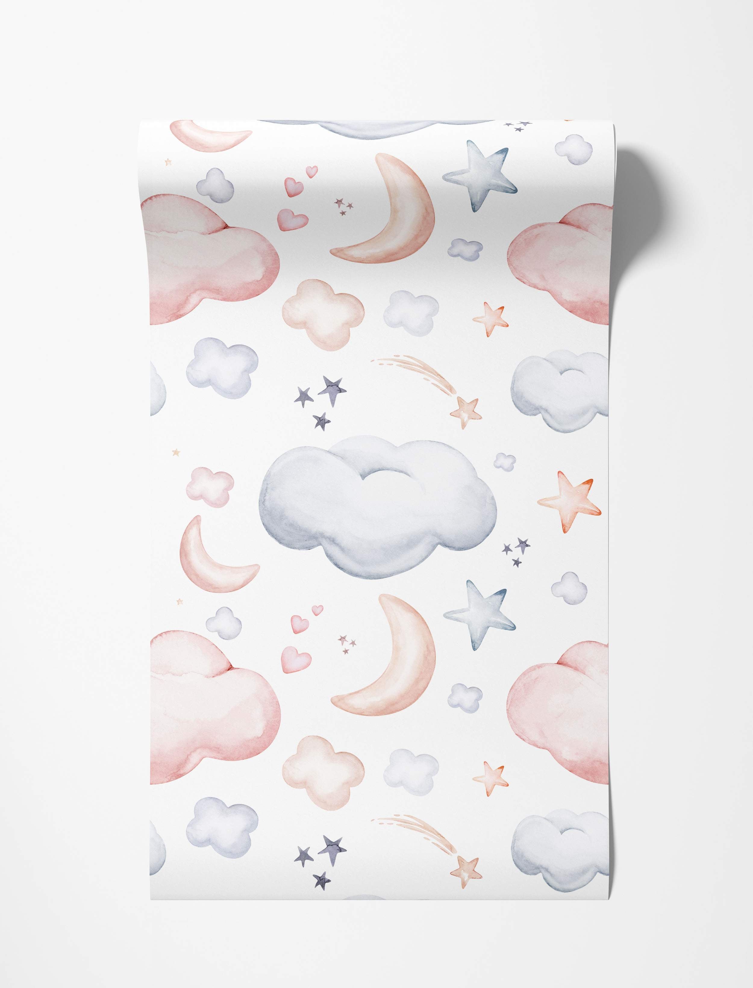 Watercolor wallpaper featuring a whimsical pattern of pastel pink and blue clouds, crescent moons, stars, and hearts on white.