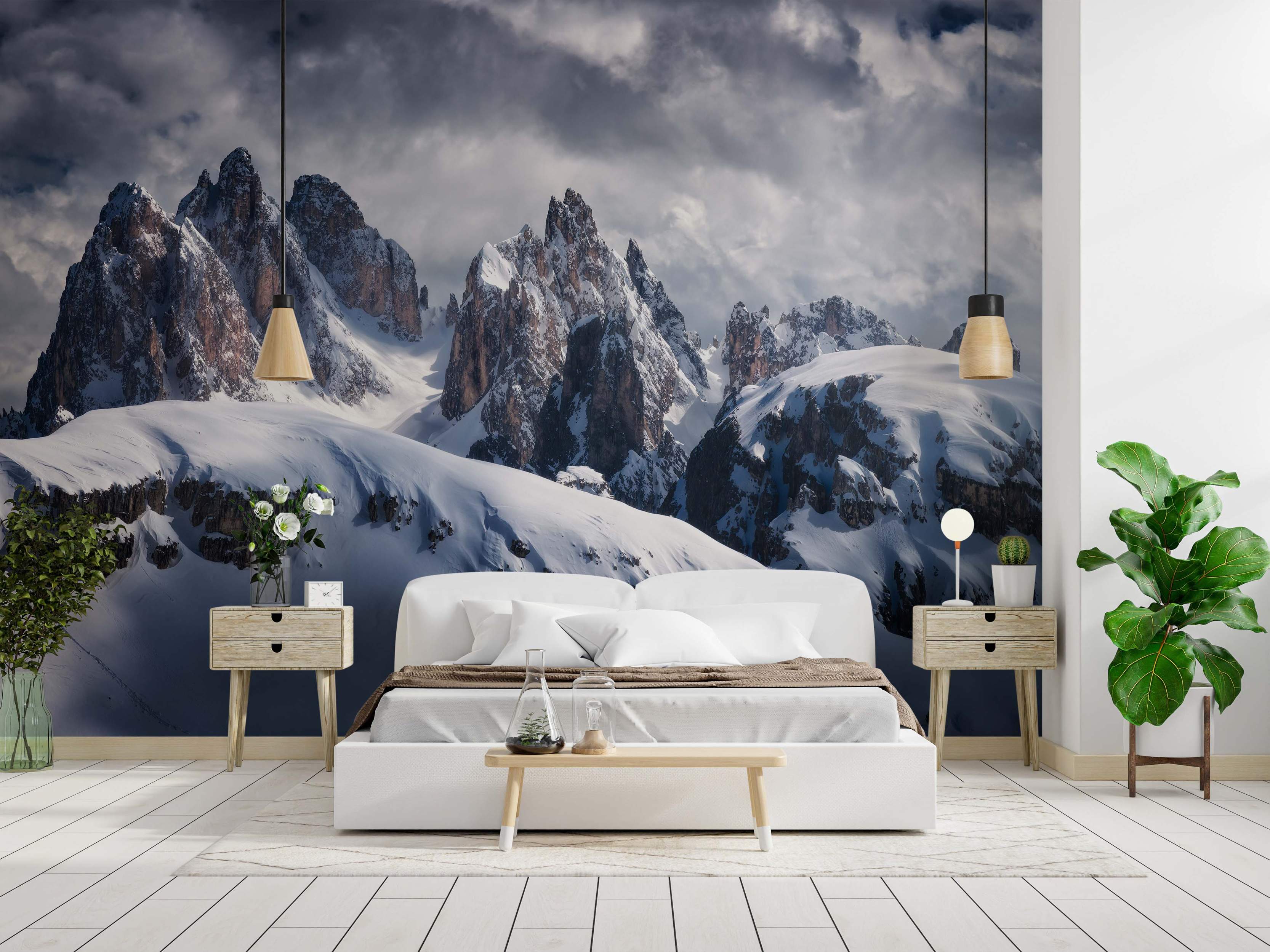 Realistic photo mural of jagged, snow-covered mountain peaks under a dramatic, cloudy gray sky.