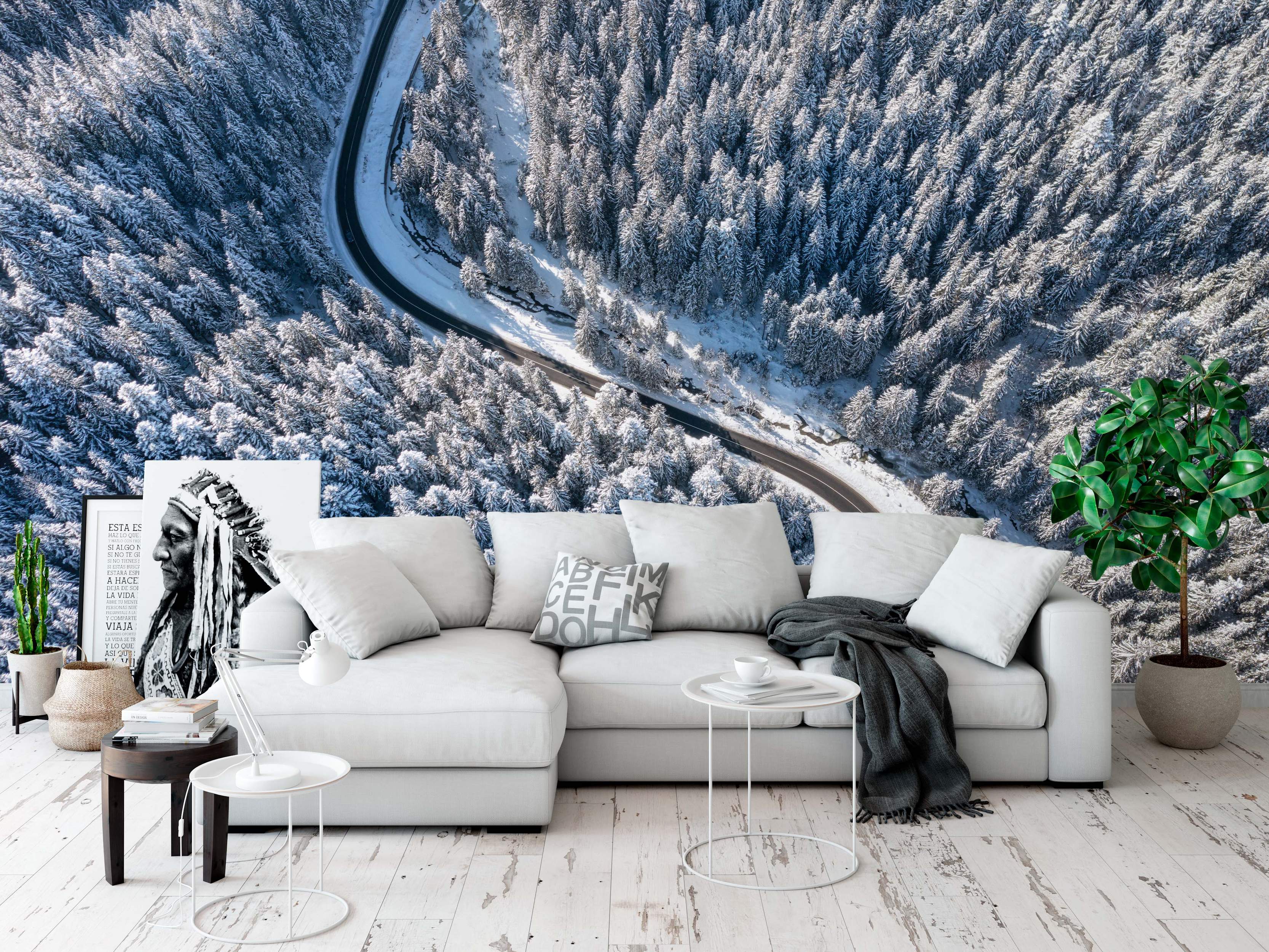 Photographic mural depicting an aerial view of a winding road through a dense, snow-covered pine forest in white and gray.