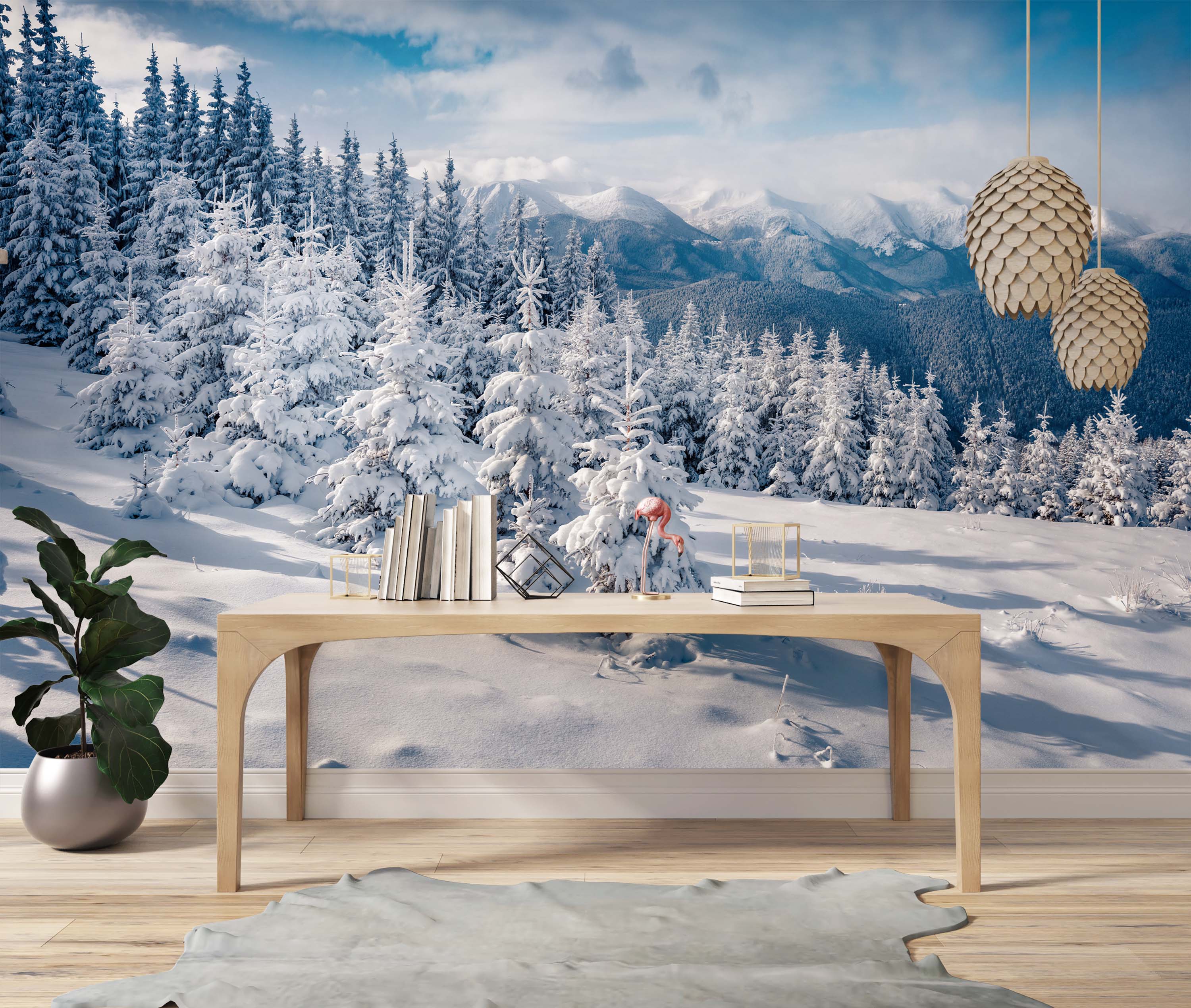A photorealistic wall mural of a sunny, snowy mountain landscape with a dense pine forest under a partly cloudy blue sky.