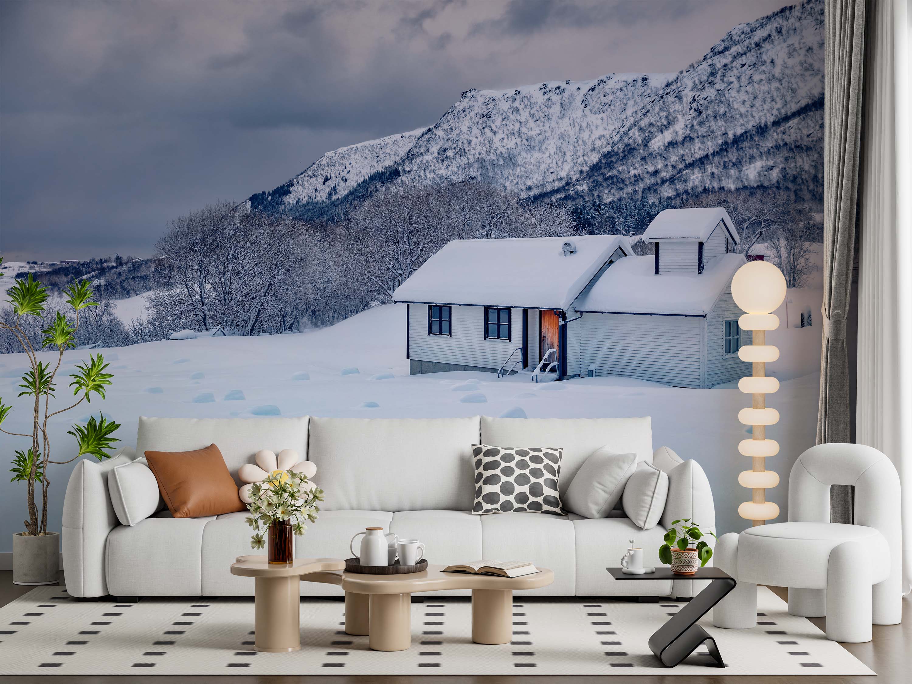 A photorealistic wall mural of a serene winter landscape featuring a snow-covered house at the base of a large mountain.