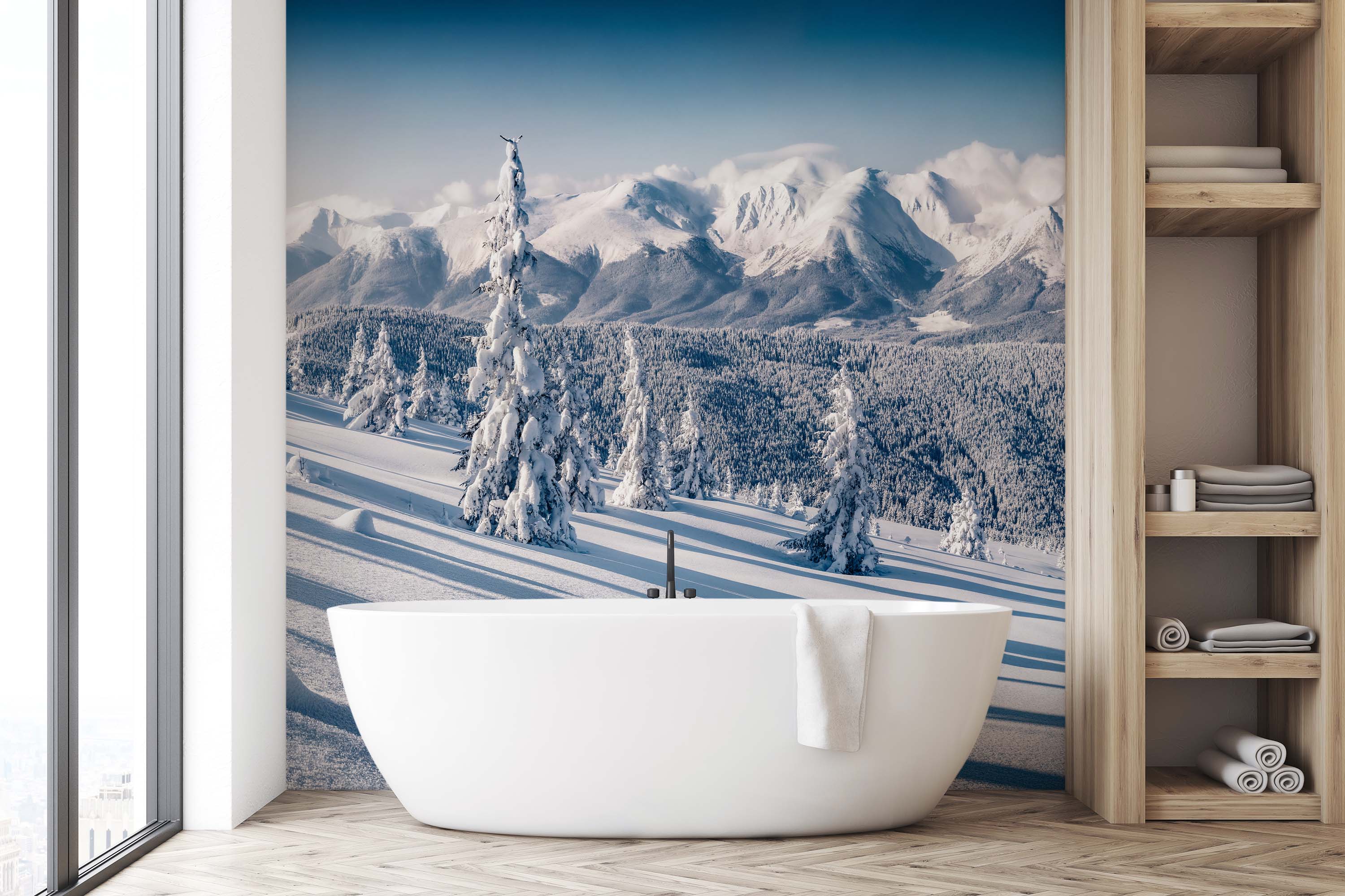 A photorealistic wall mural of a sunny winter day in the mountains, featuring snow-covered peaks and evergreen trees.